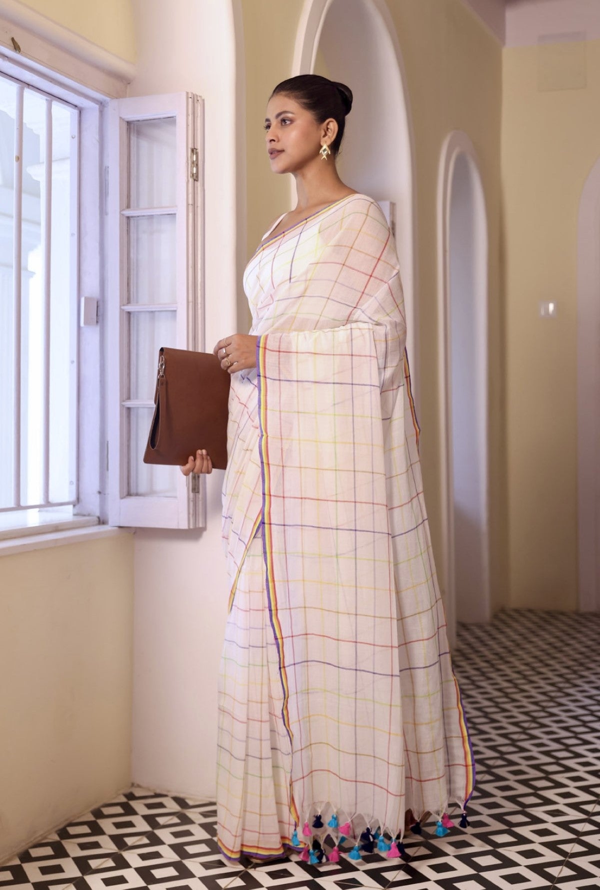 White Pure Mulmul Cotton Saree with Multicolor Checks