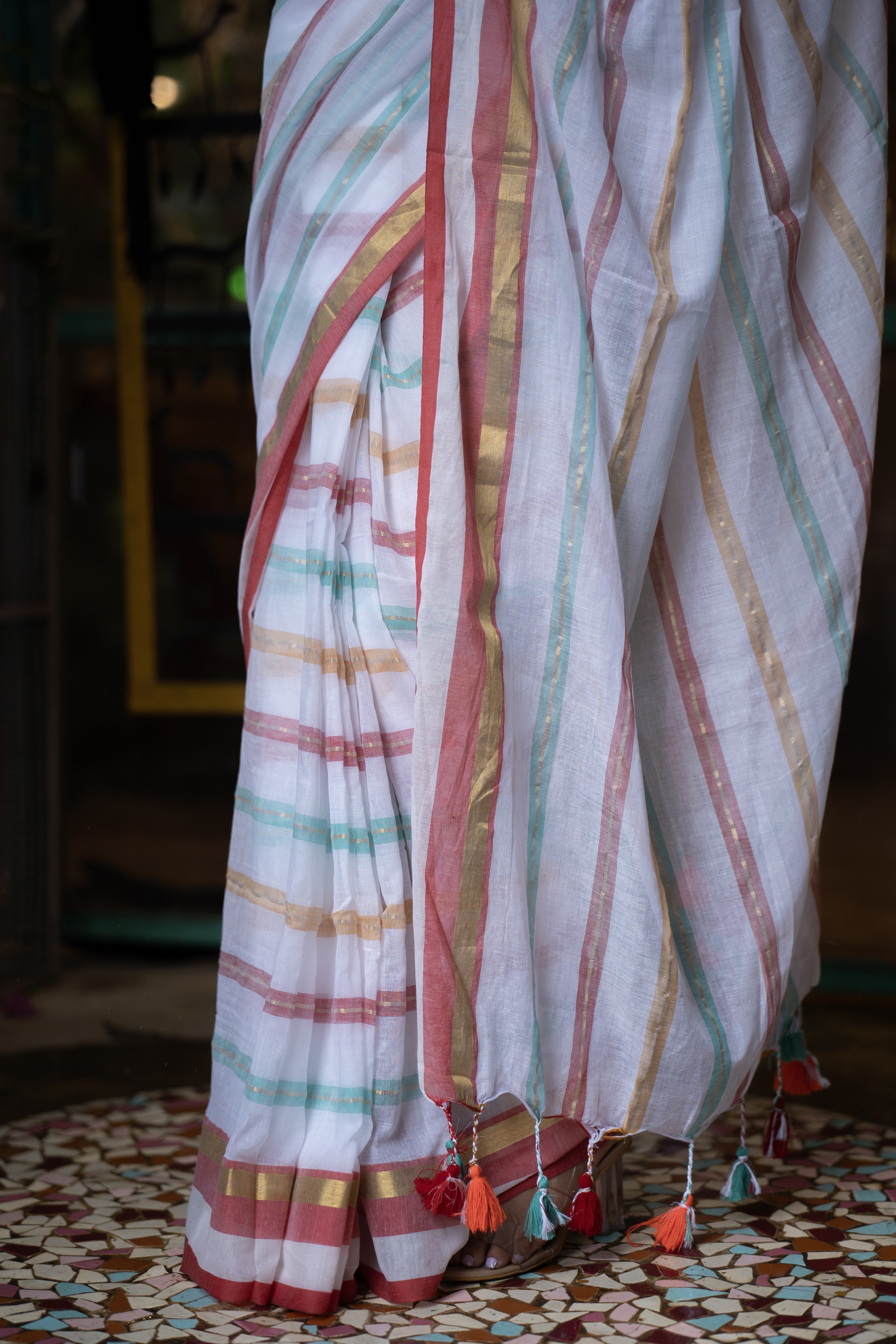 White and Red Striped Mul Mul Cotton Saree