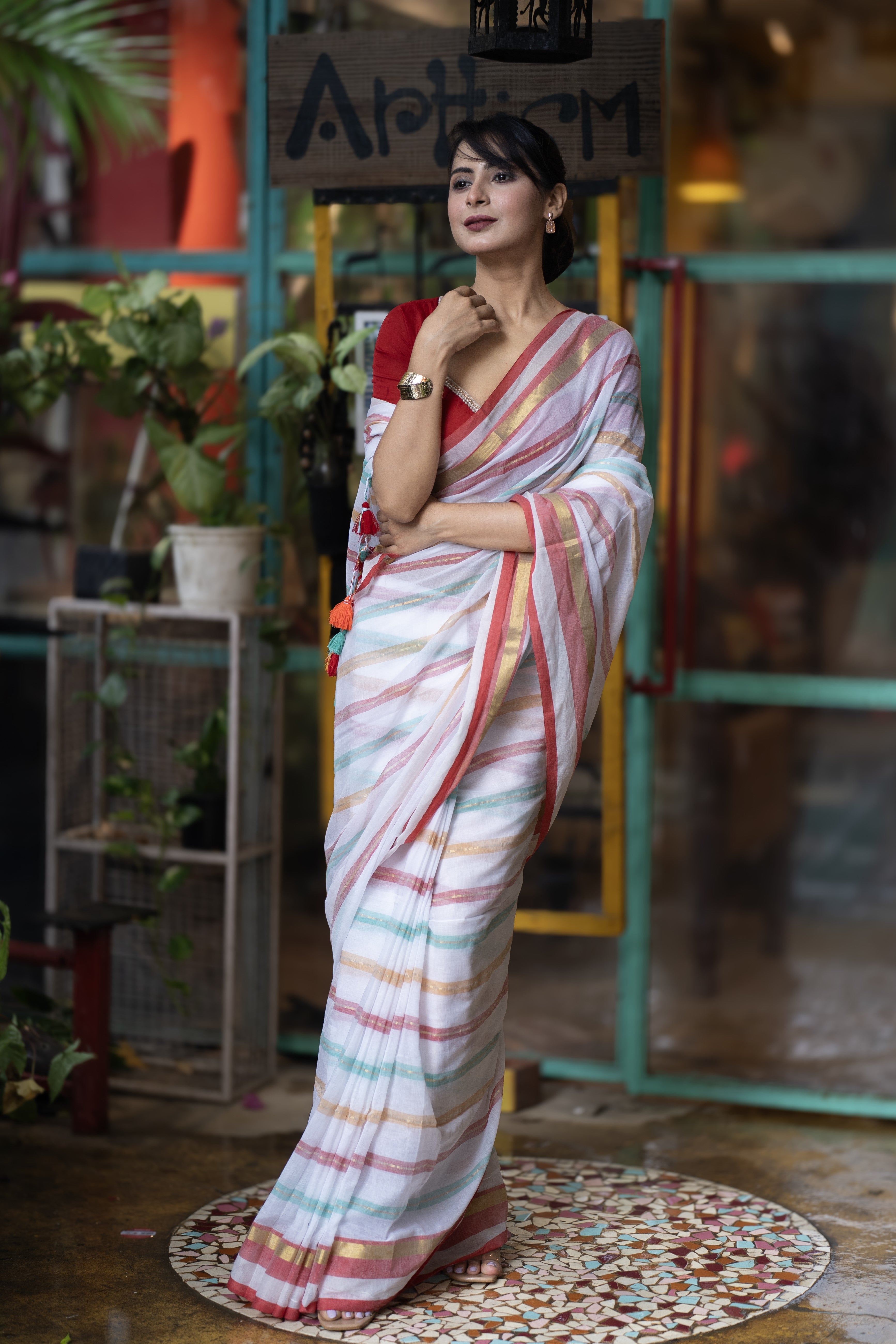 White and Red Striped Mul Mul Cotton Saree