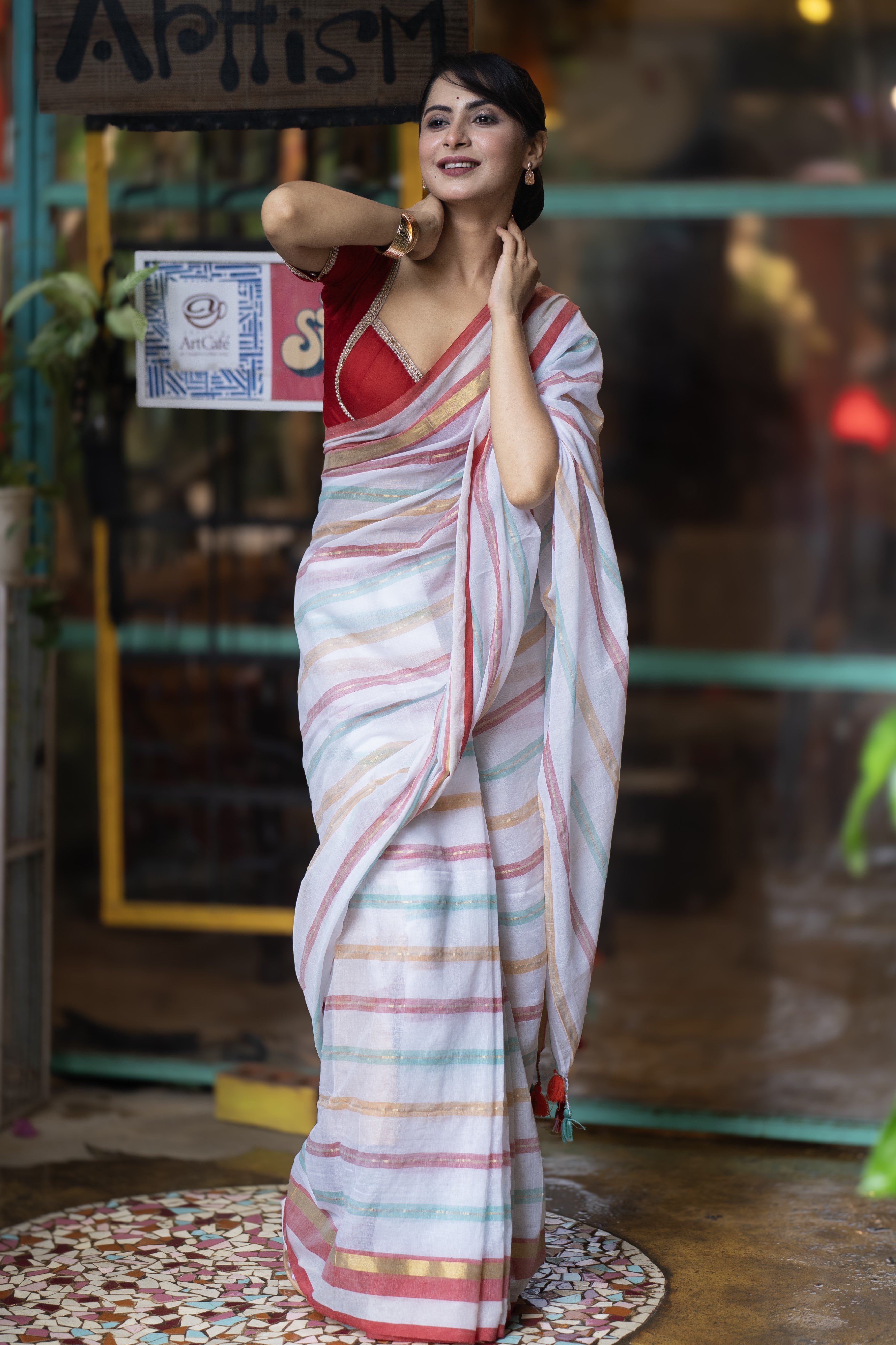 White and Red Striped Mul Mul Cotton Saree