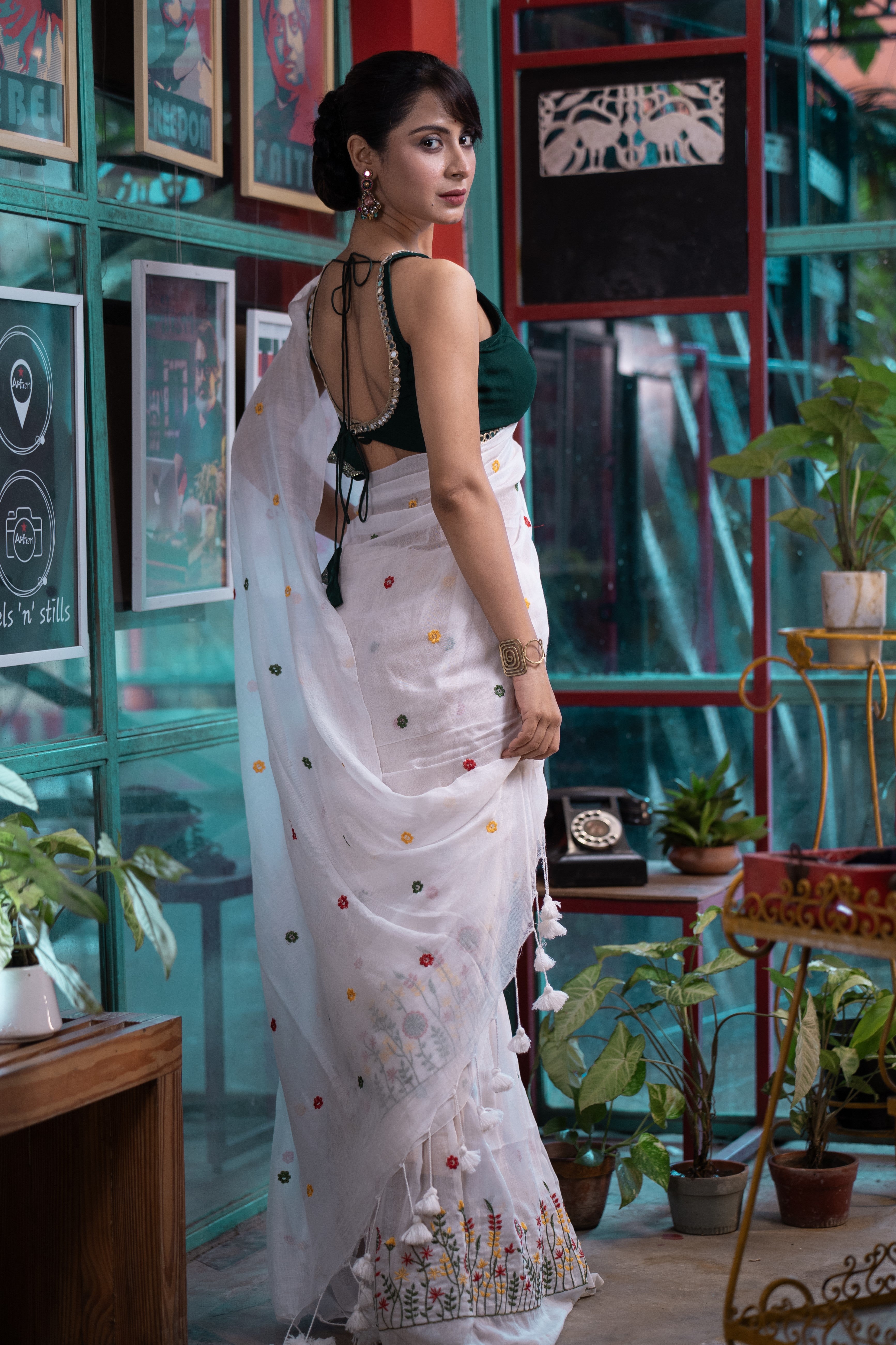 Soft khadi Cotton Embroidery Saree-White