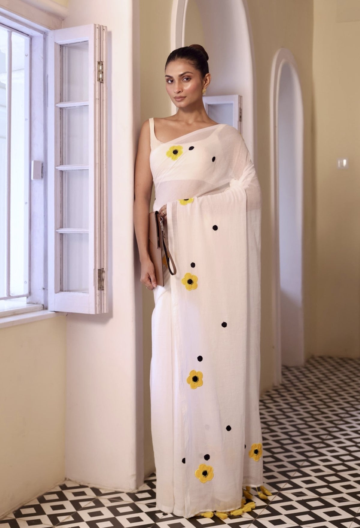 White Mulmul Cotton Saree with Floral Applique Work