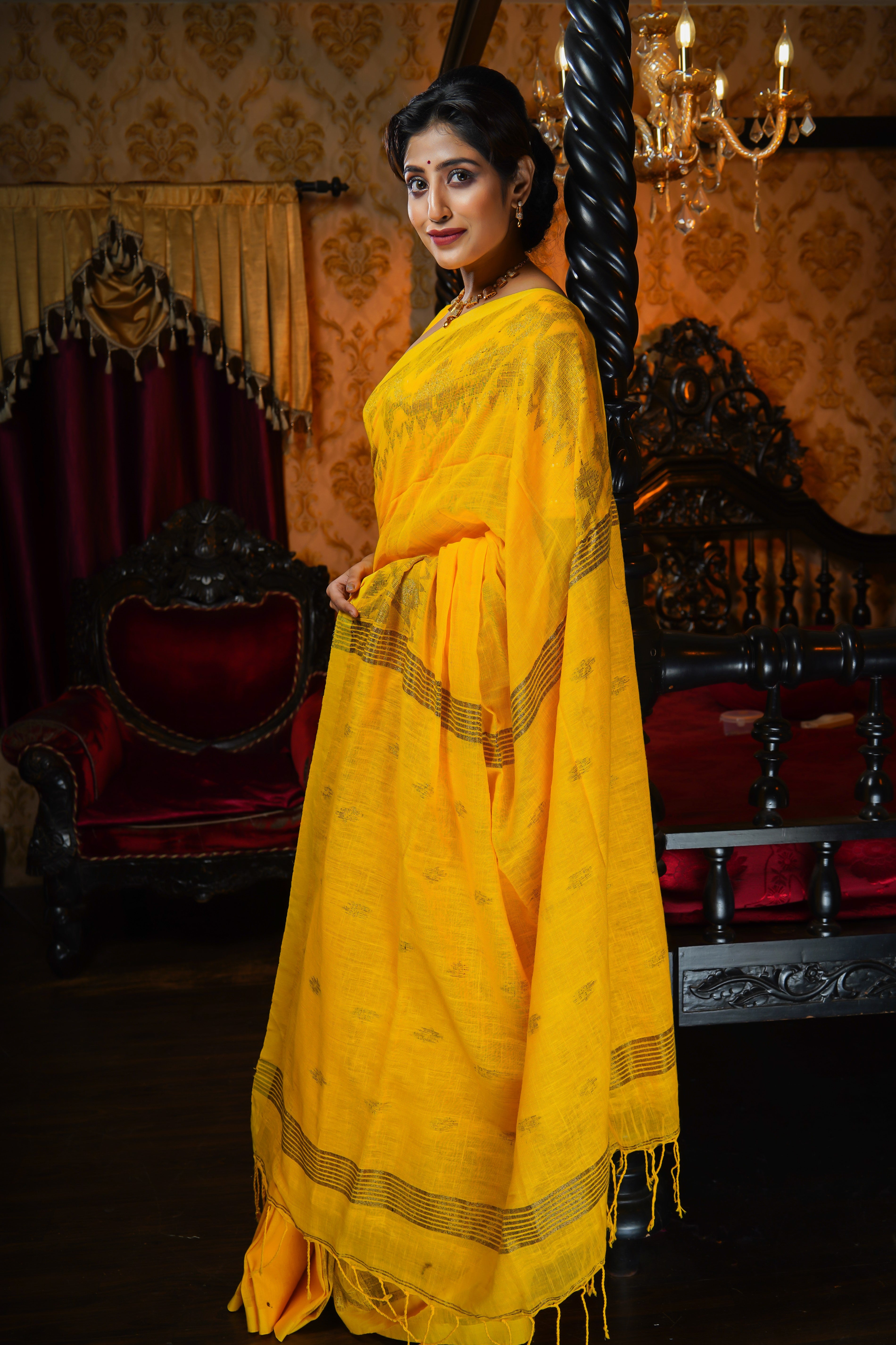 Yellow Karaat Pure Linen Handwoven Saree