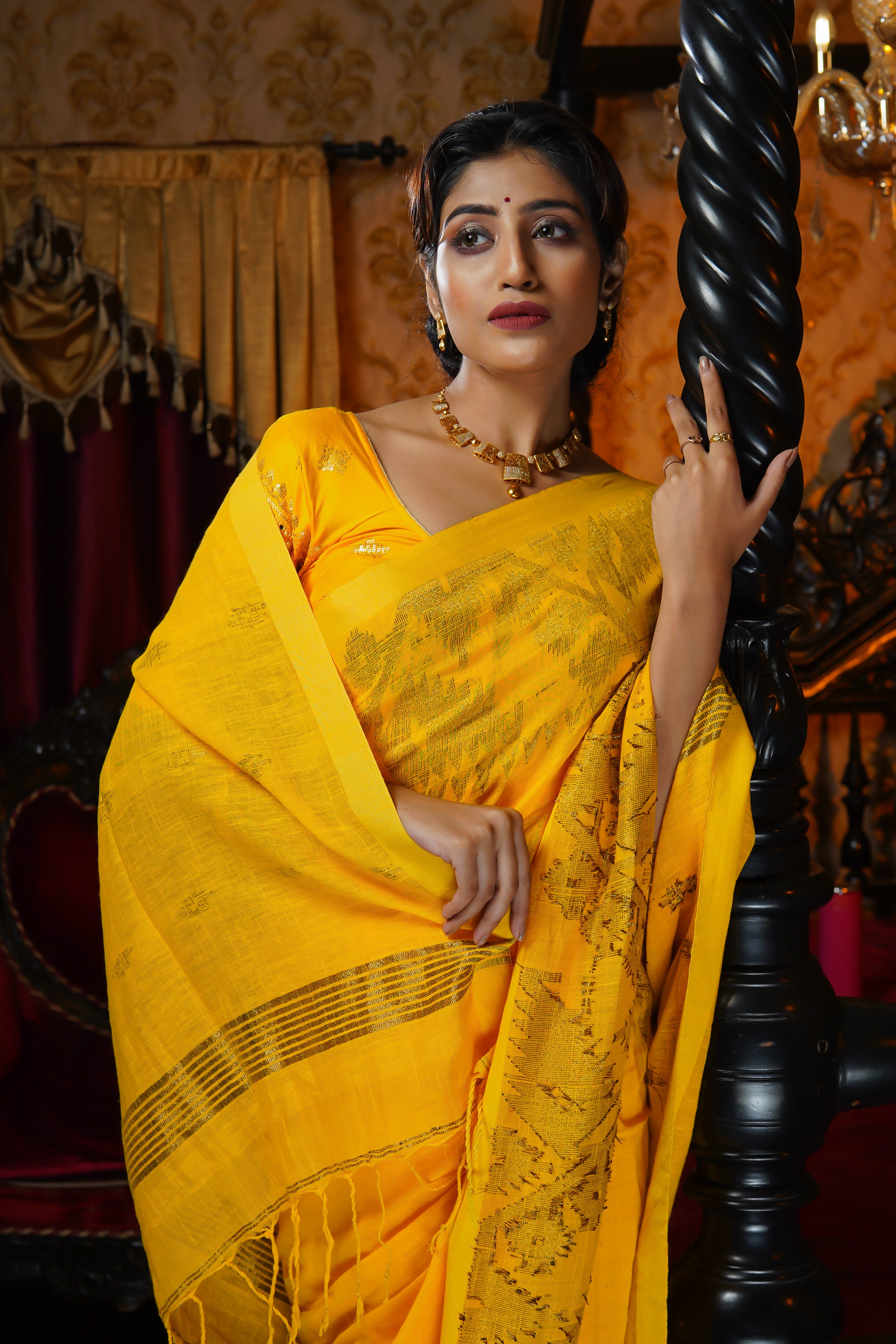 Yellow Karaat Pure Linen Handwoven Saree