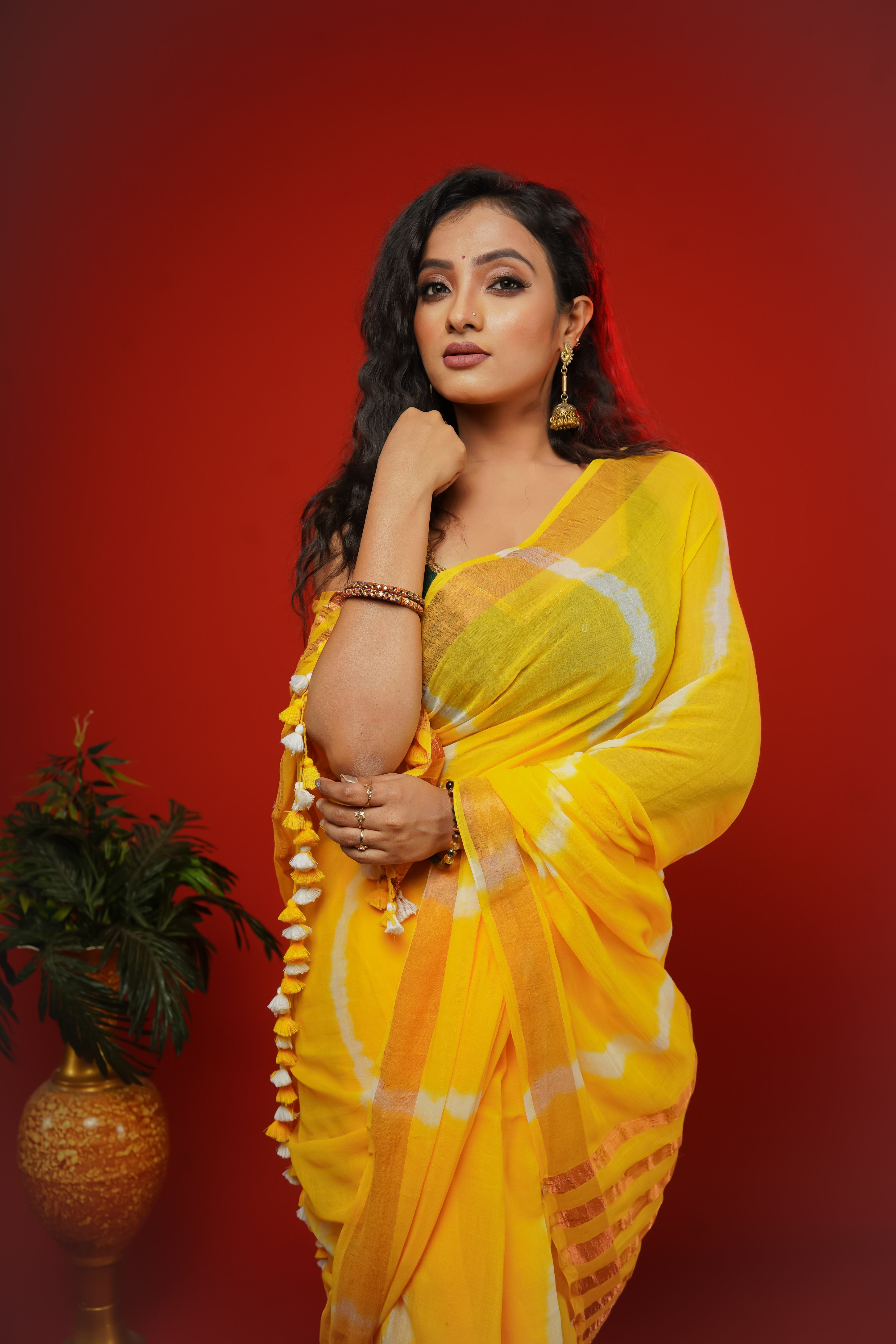 Yellow Shibori Print Mulmul Cotton Saree