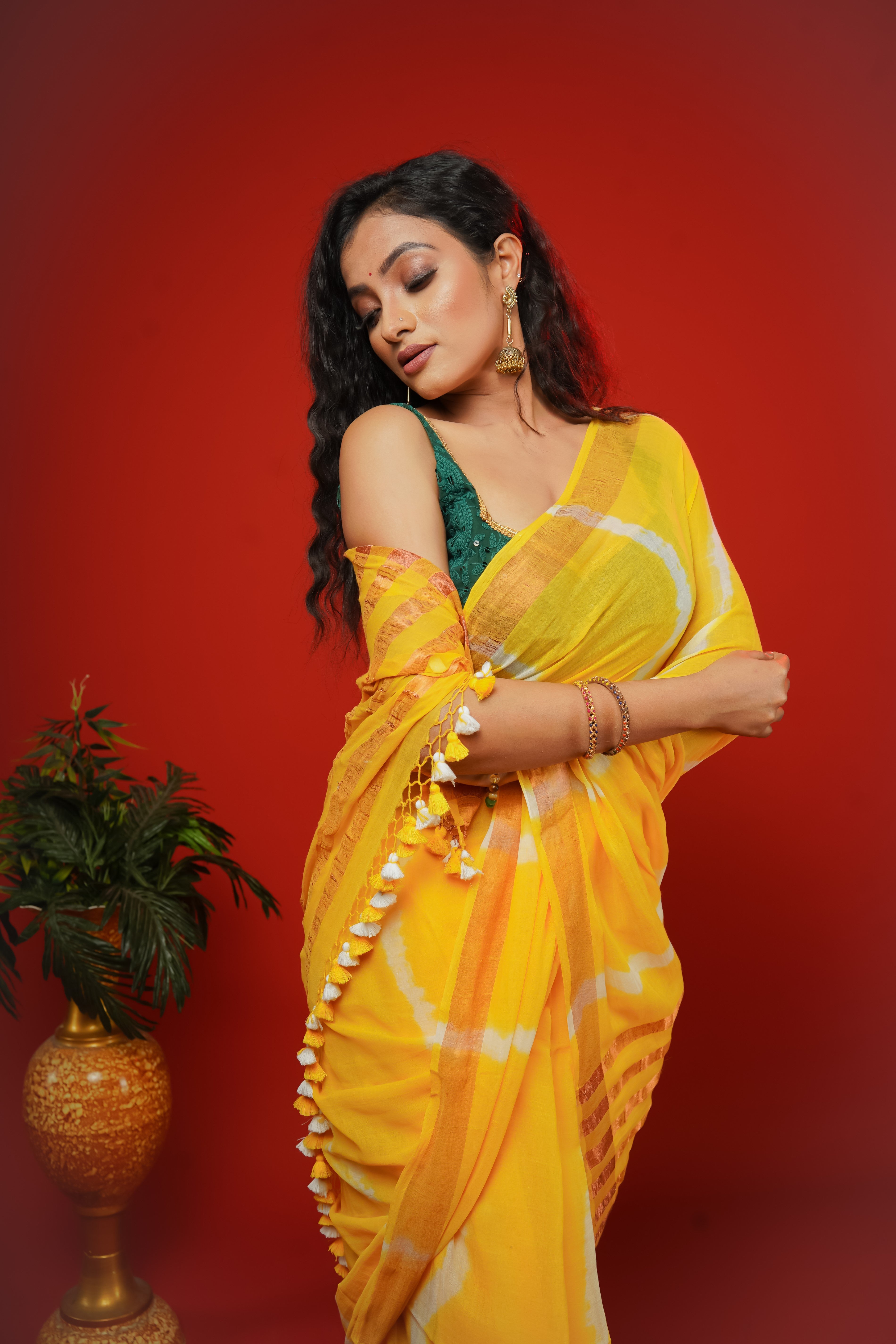 Yellow Shibori Print Mulmul Cotton Saree