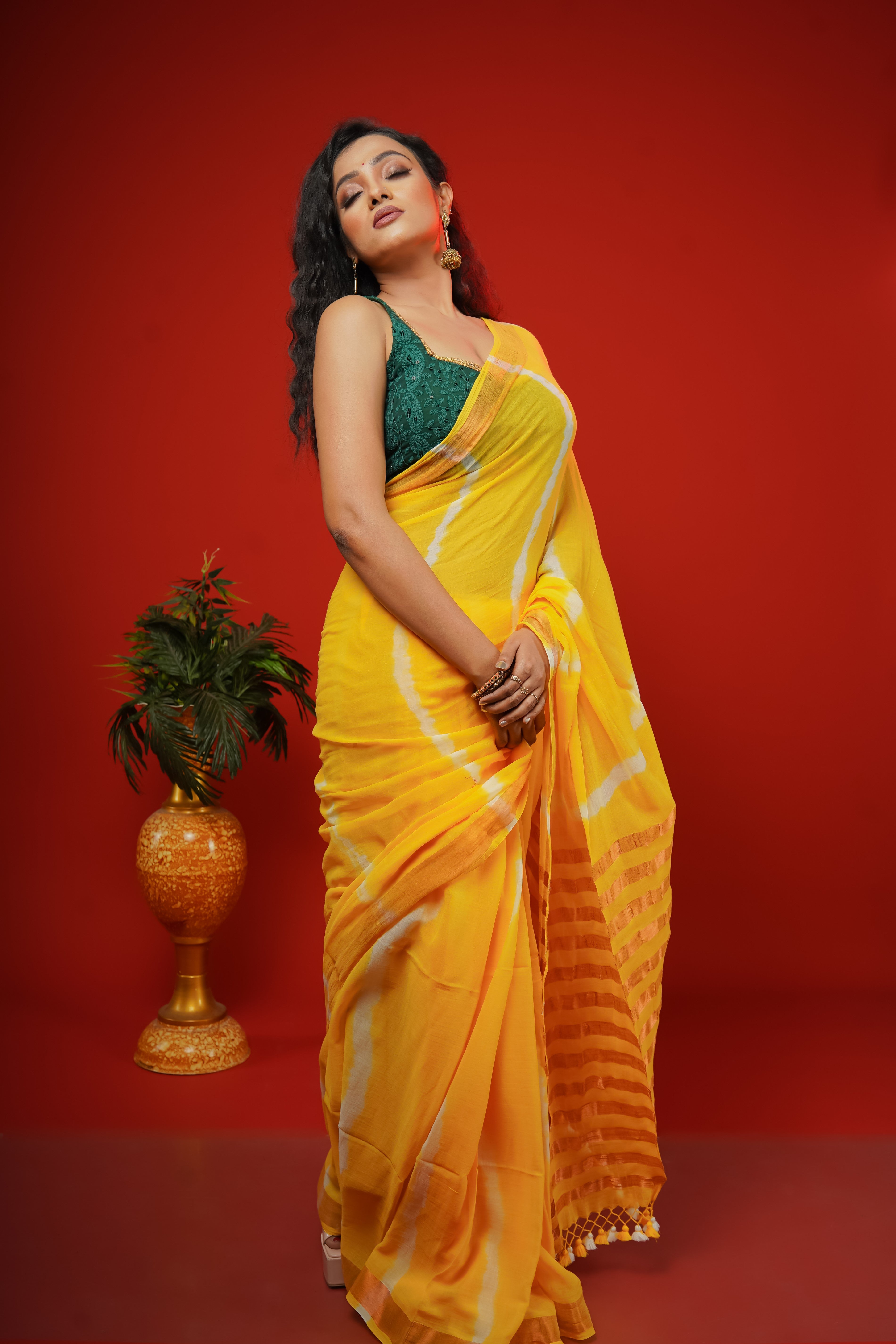 Yellow Shibori Print Mulmul Cotton Saree
