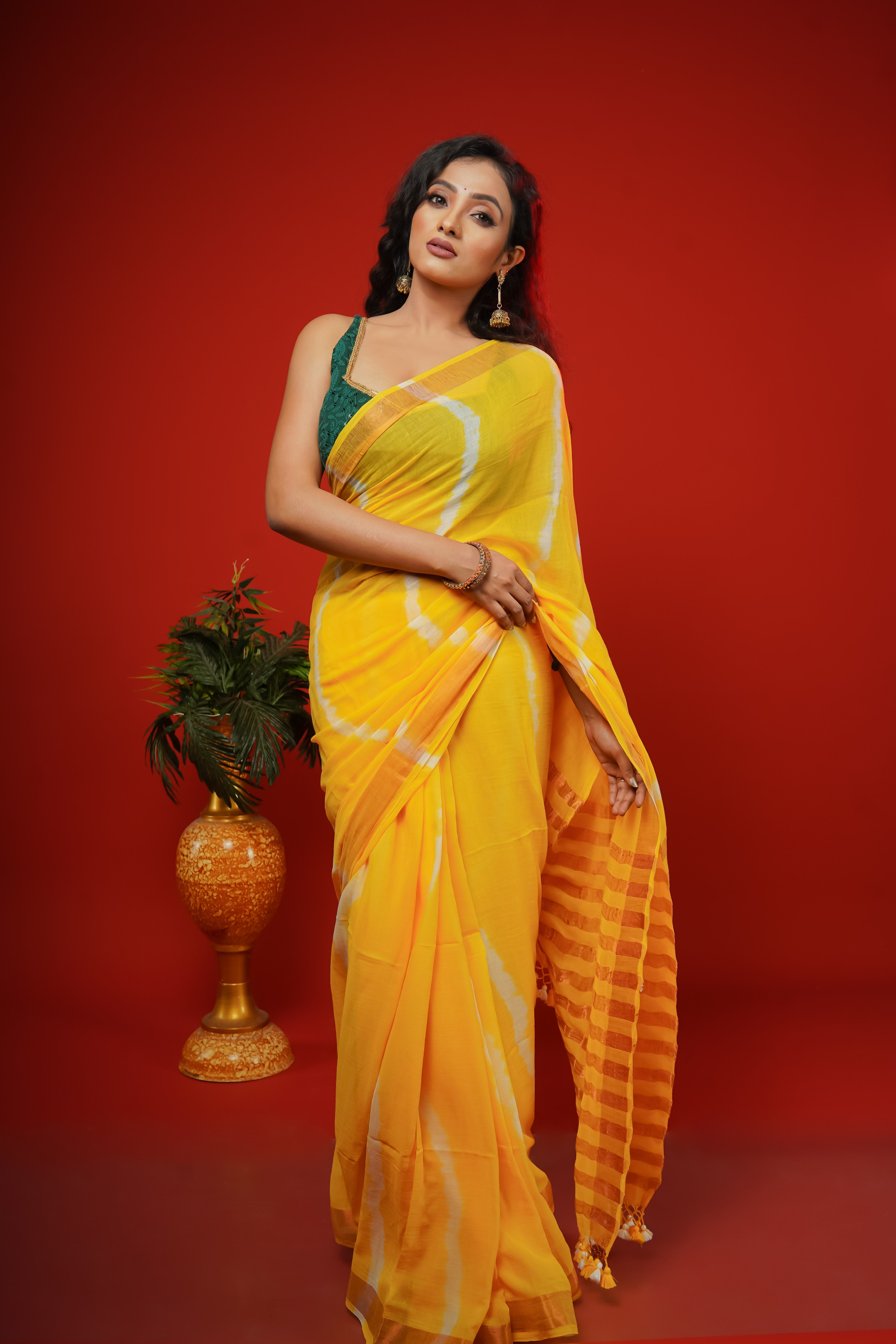 Yellow Shibori Print Mulmul Cotton Saree