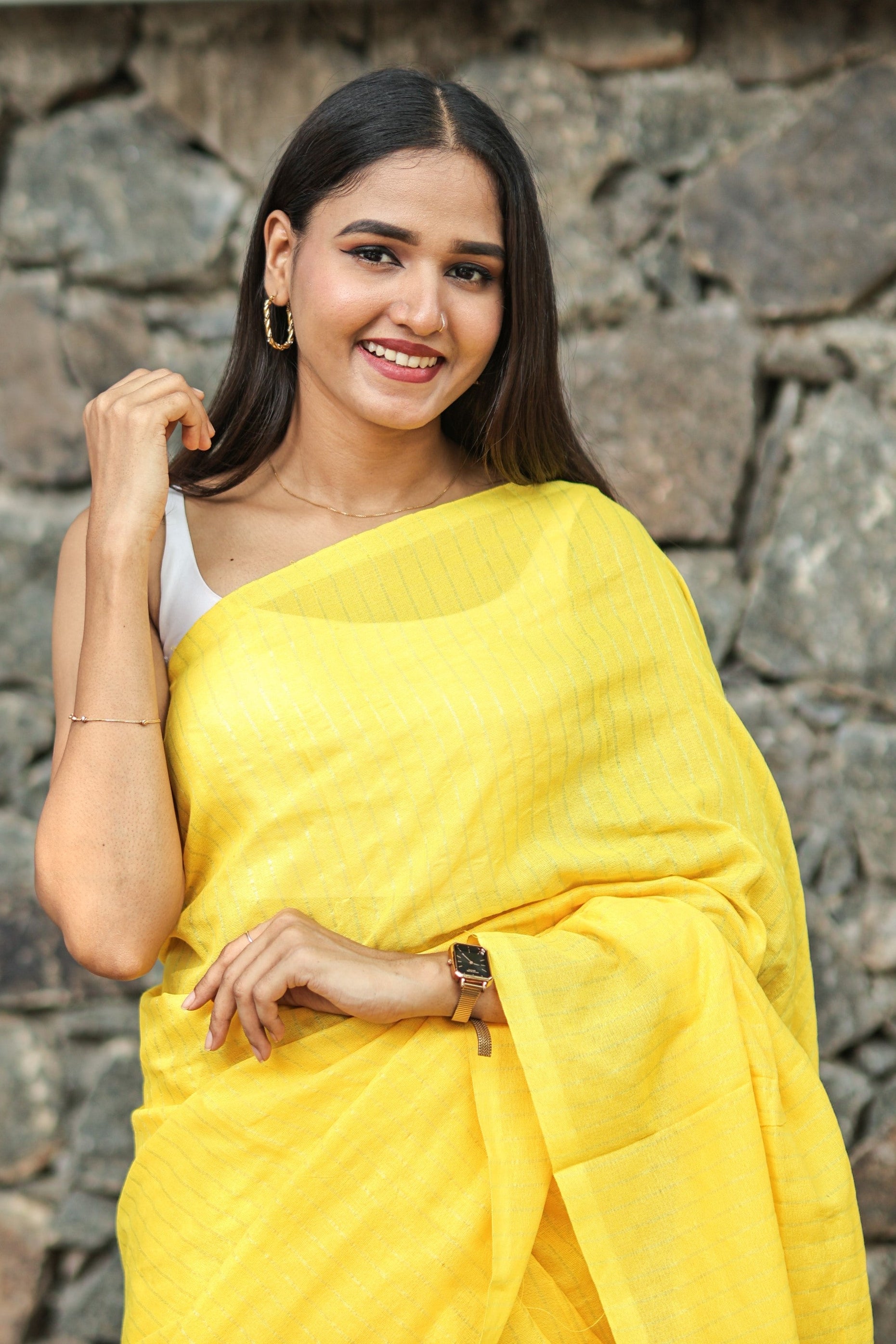 Yellow khadi Cotton Golden Striped Saree with blouse piece