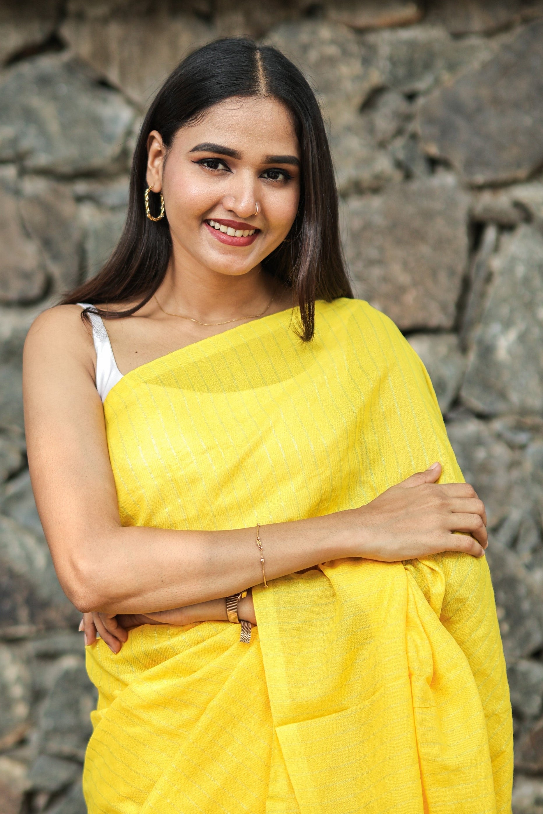 Yellow khadi Cotton Golden Striped Saree with blouse piece