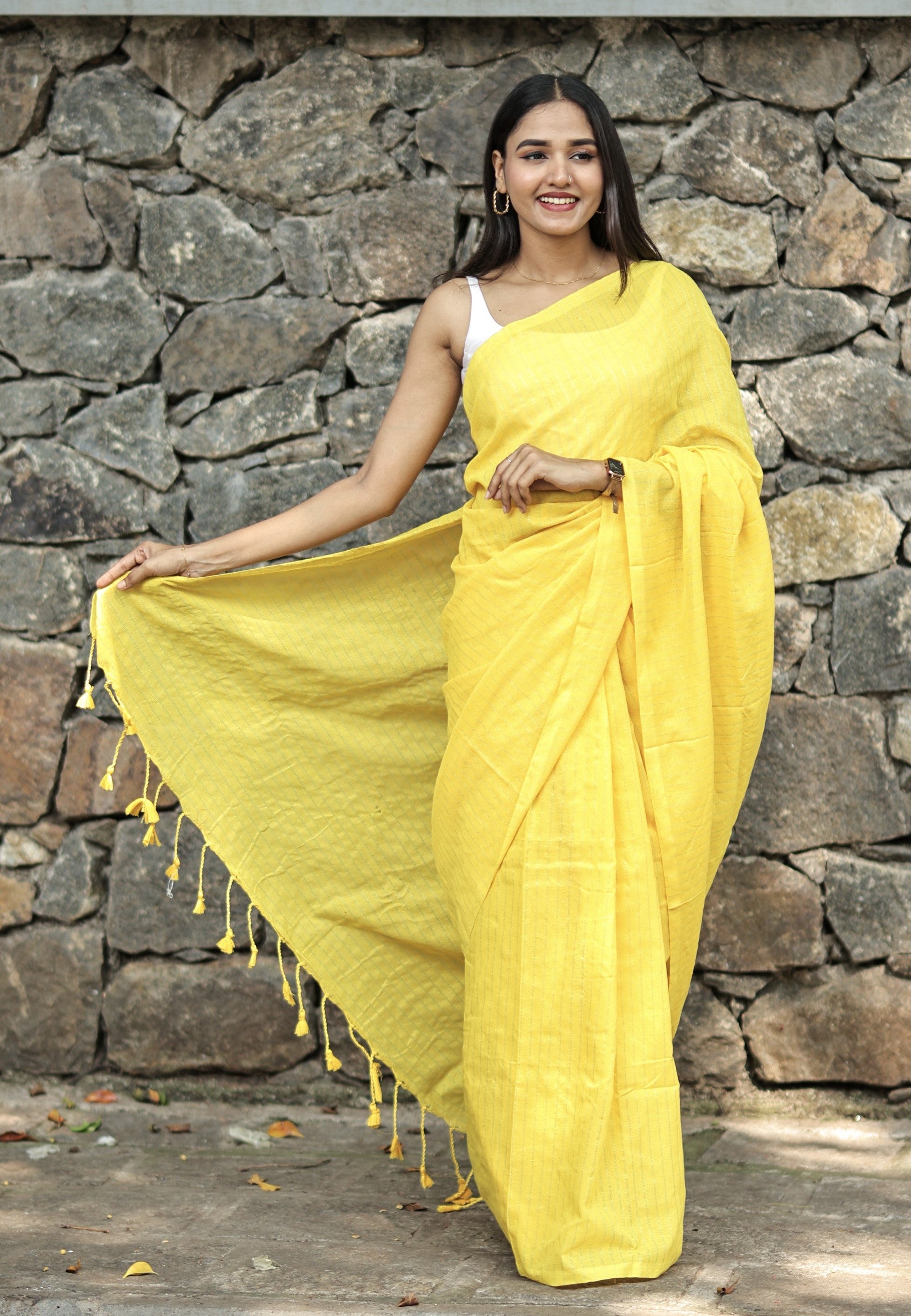 Yellow khadi Cotton Golden Striped Saree with blouse piece