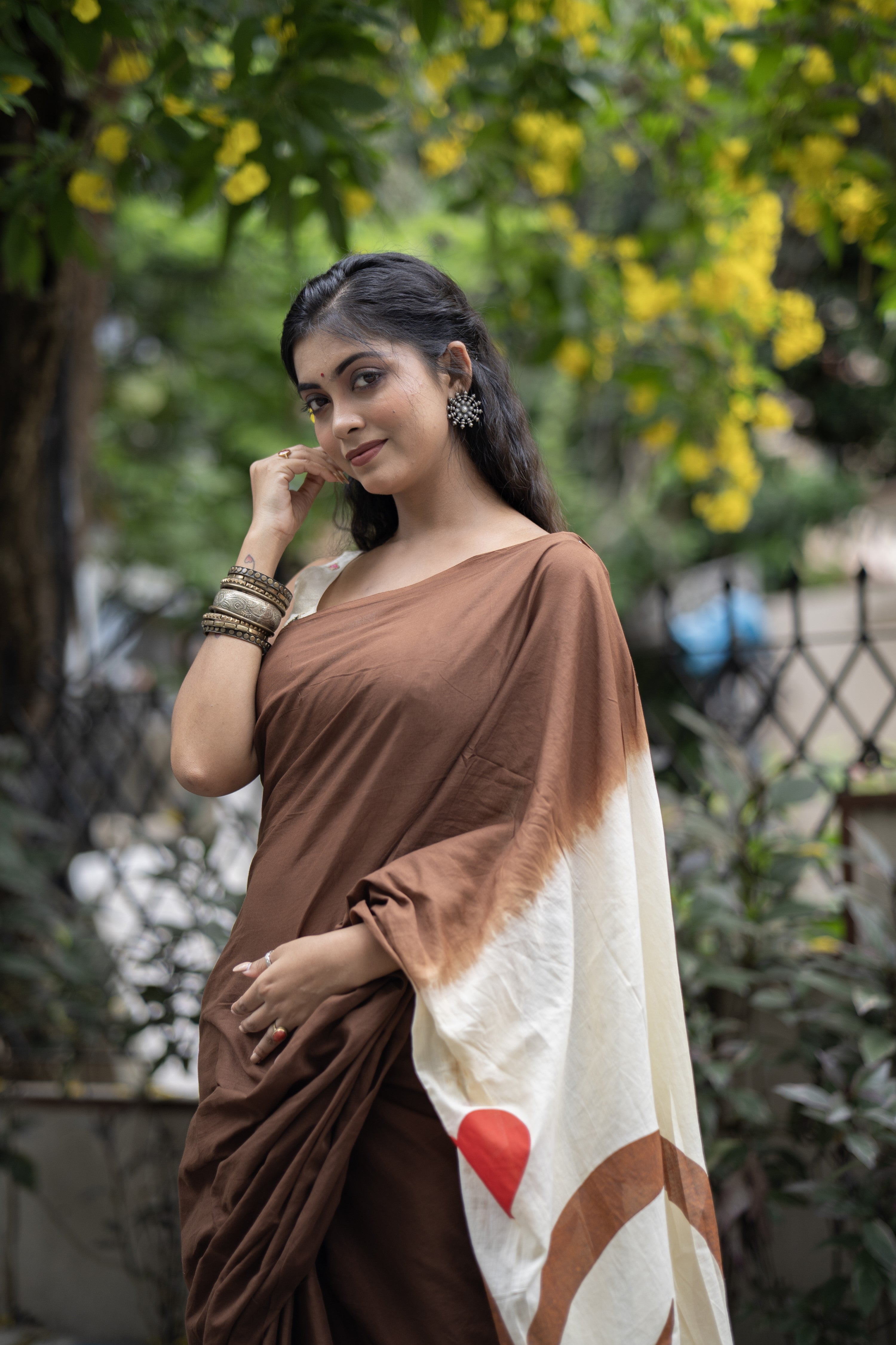 Bahare Brown Mulmul Cotton Saree