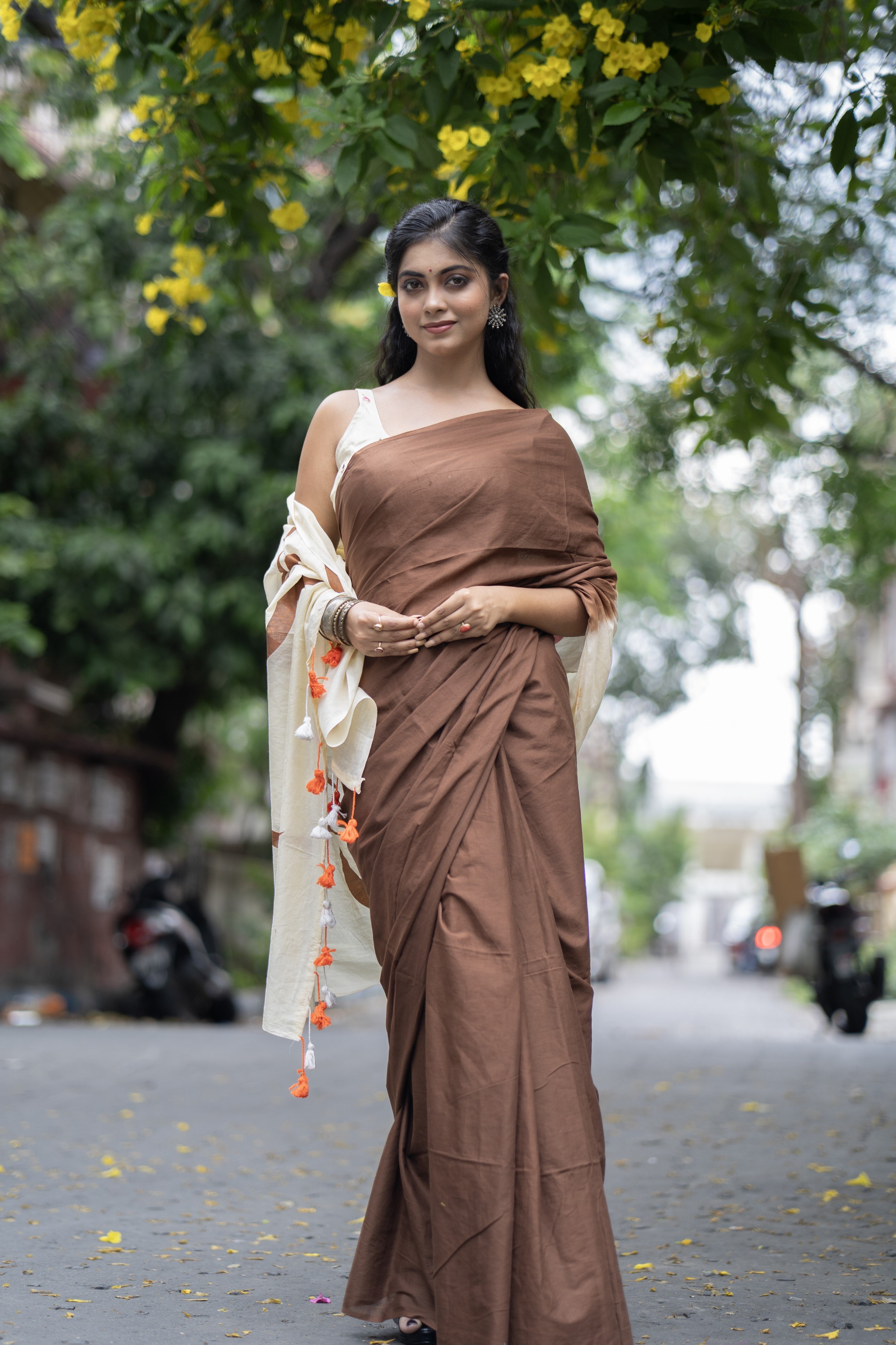 Bahare Brown Mulmul Cotton Saree