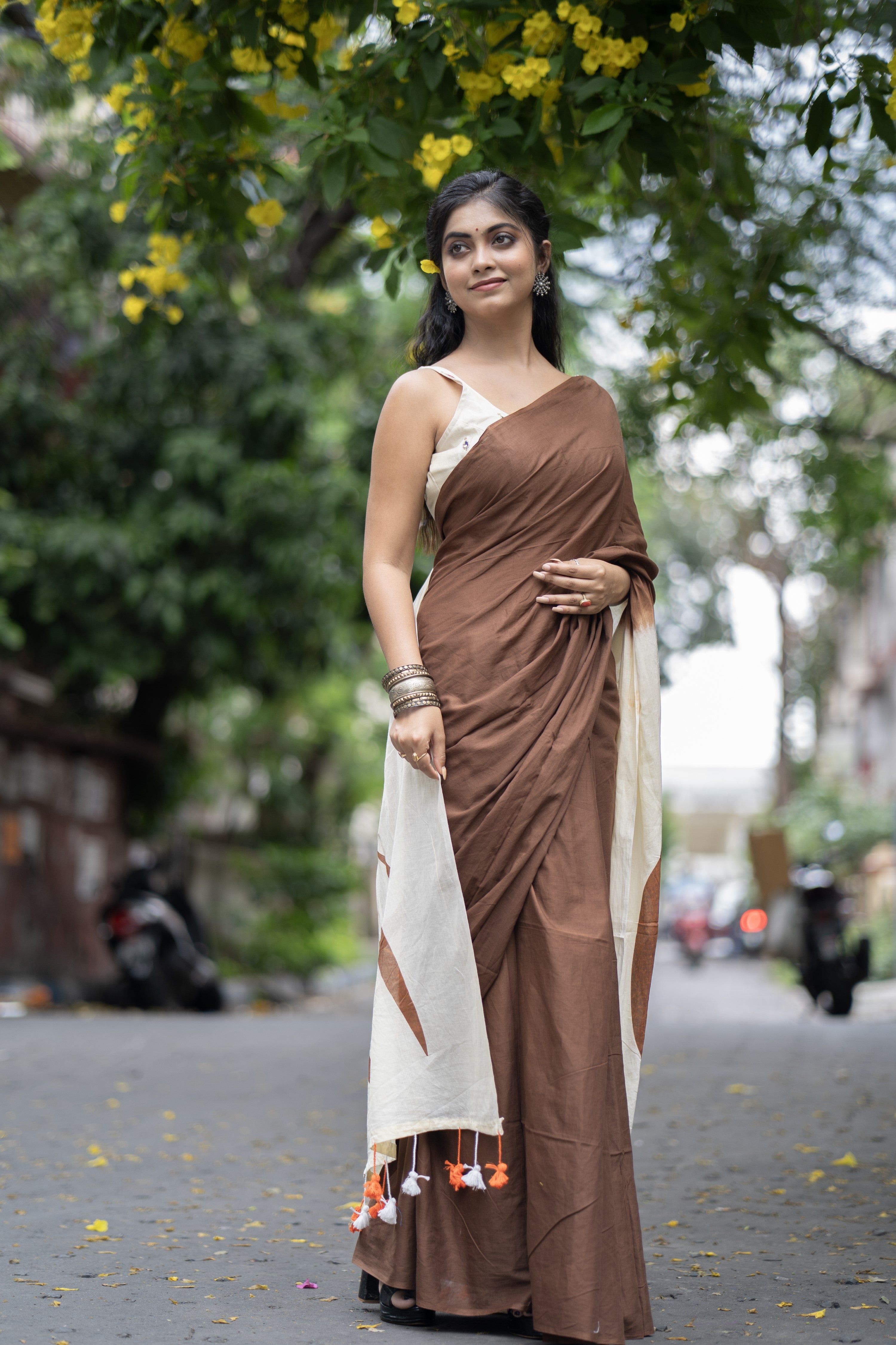 Bahare Brown Mulmul Cotton Saree