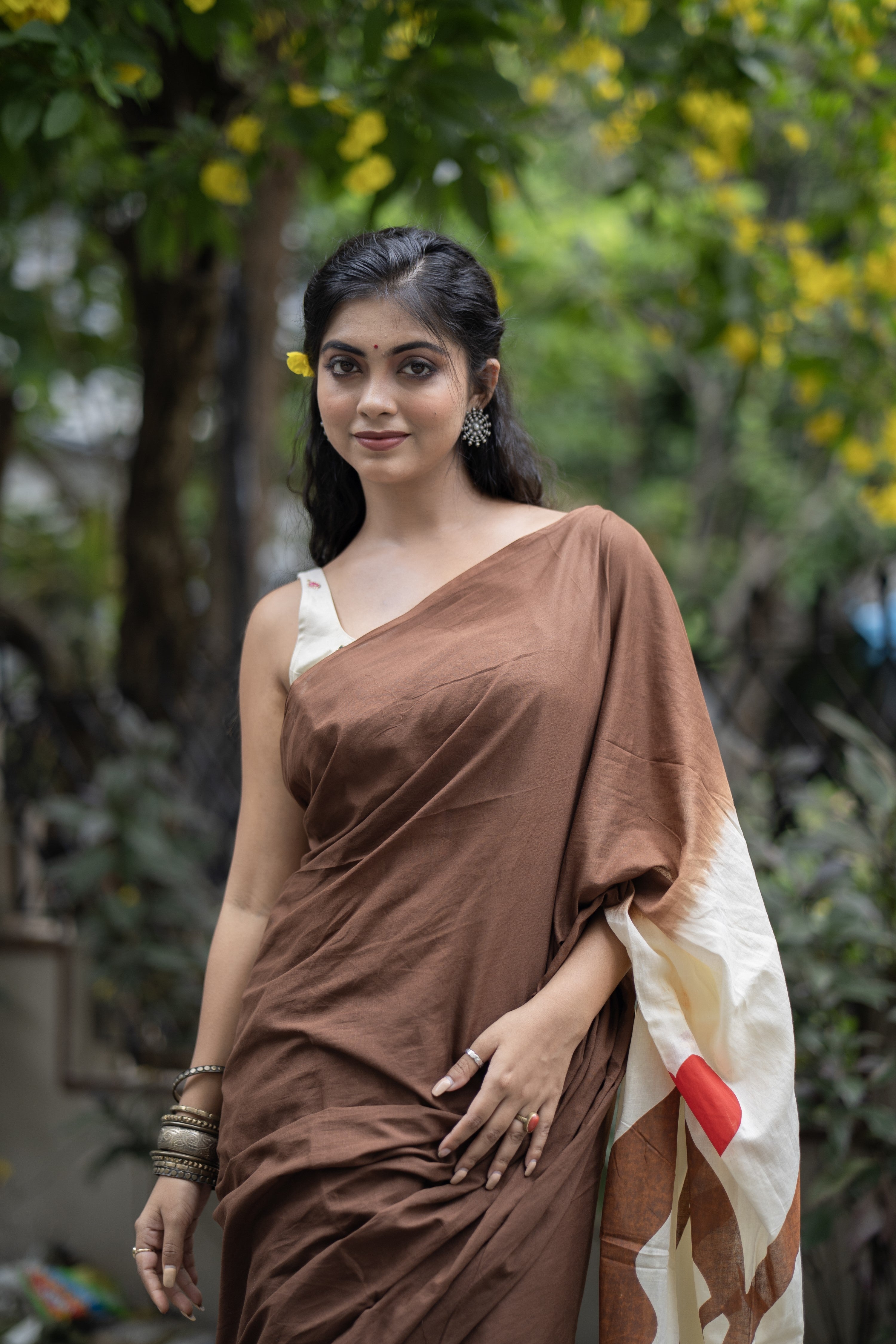 Bahare Brown Mulmul Cotton Saree