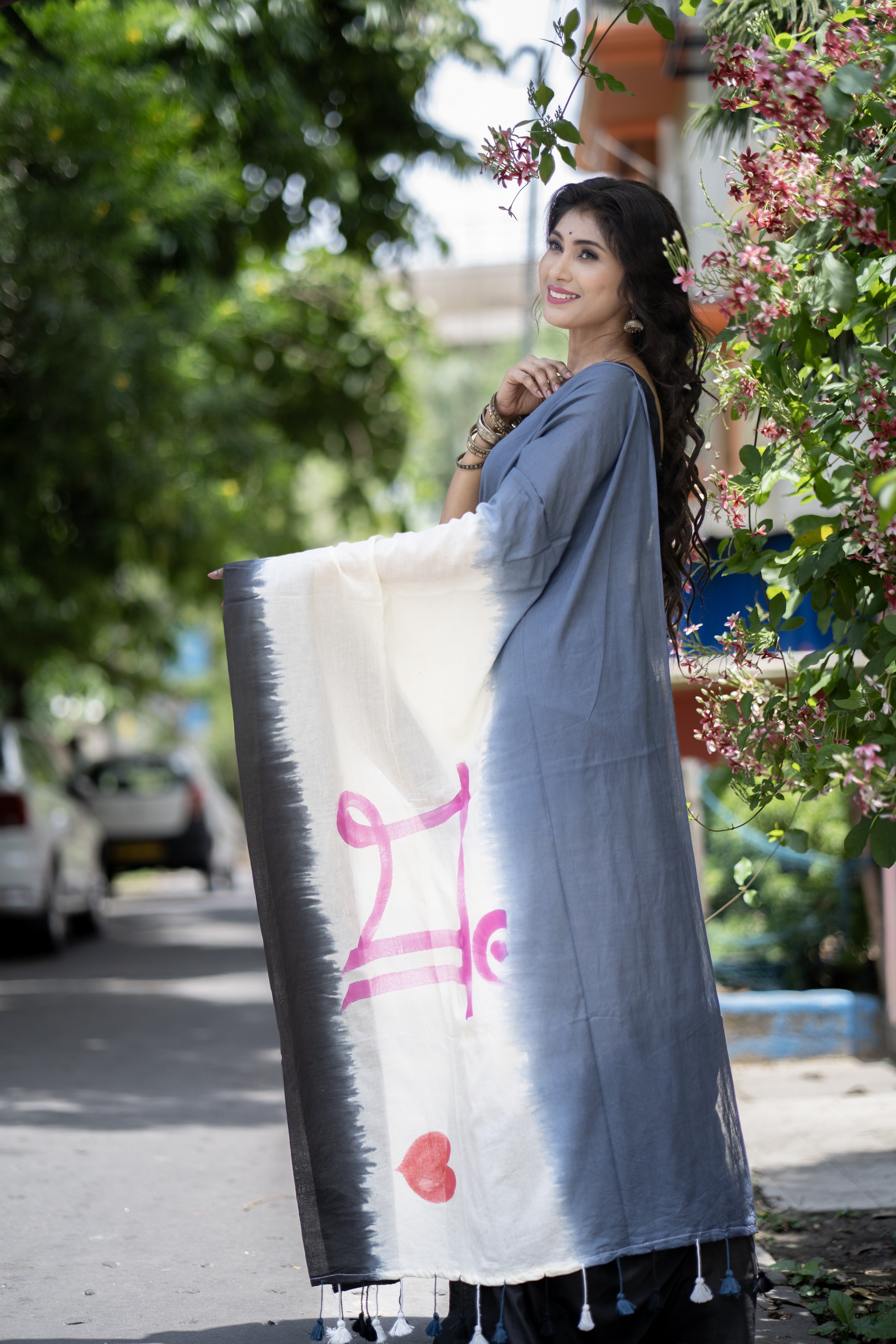 Grey Brown Mulmul Cotton Saree