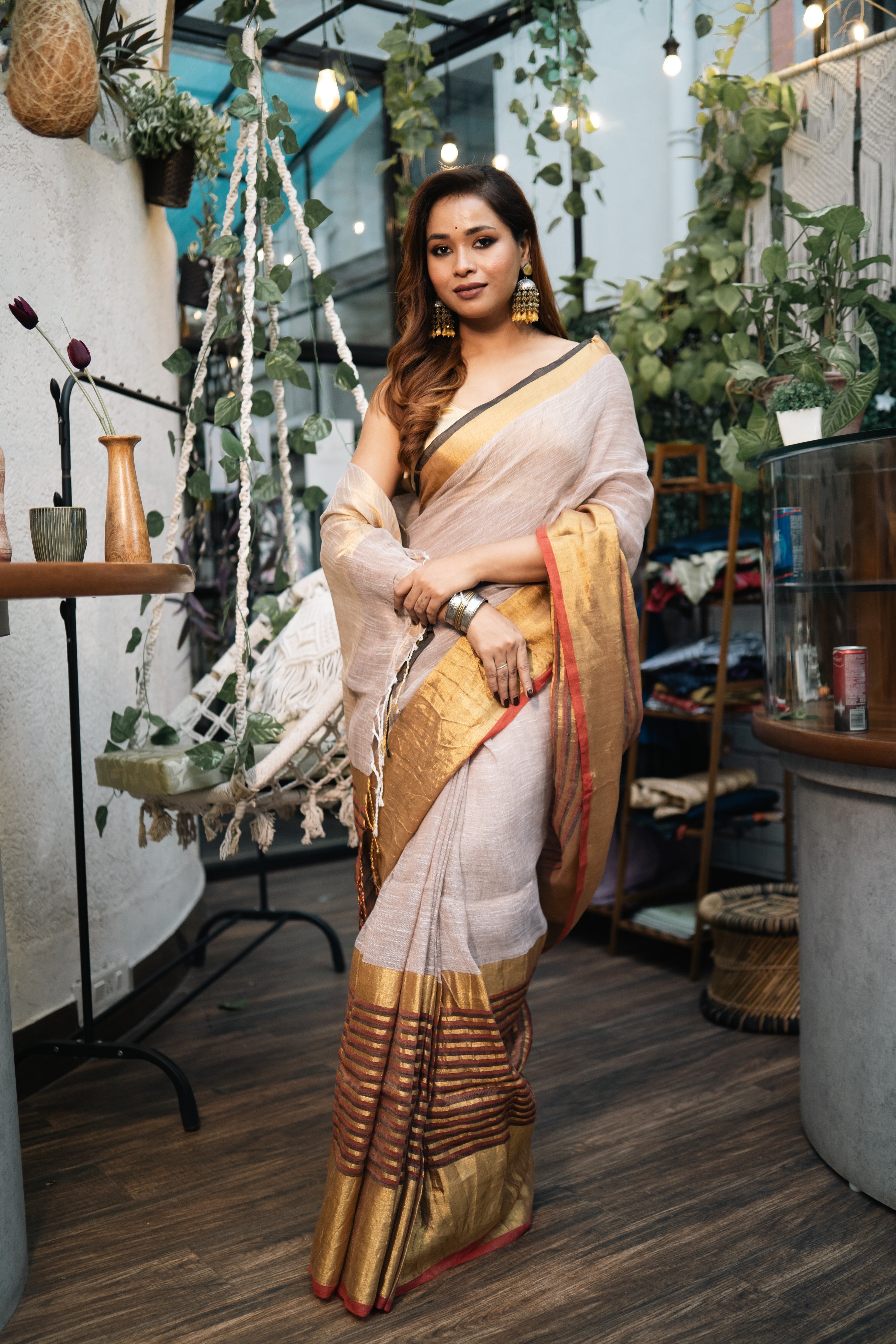 Beigh half half linen saree