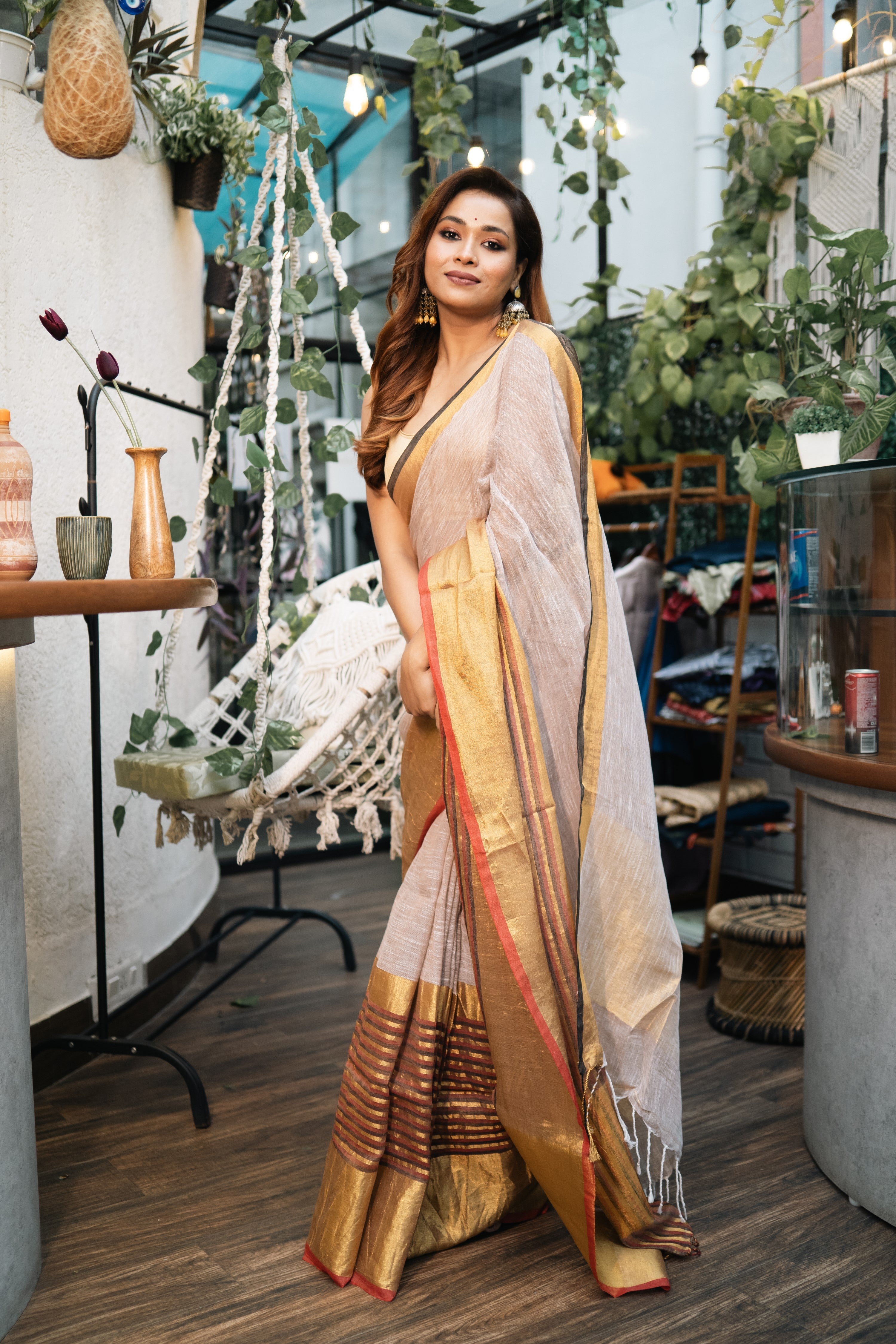 Beigh half half linen saree