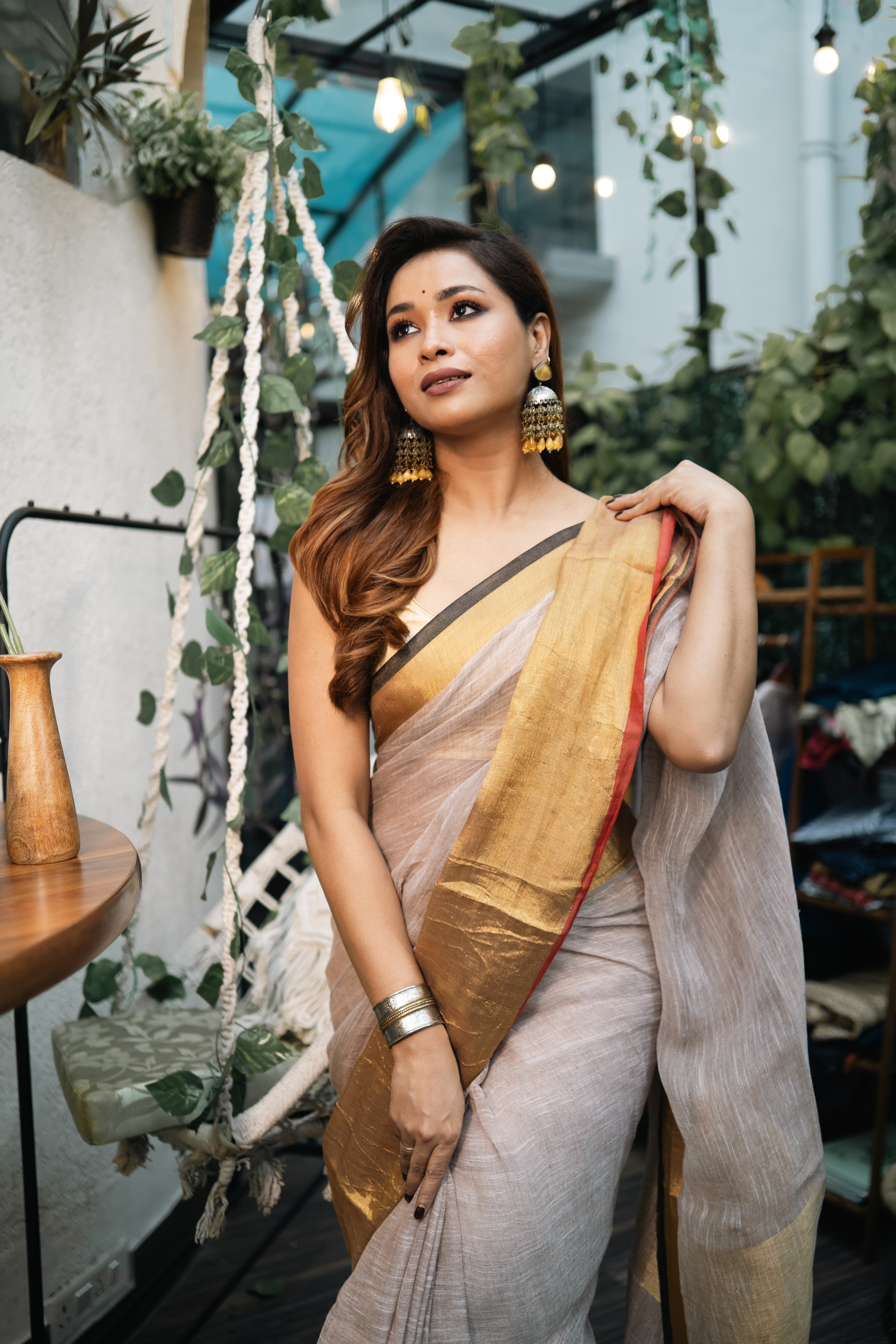 Beigh half half linen saree