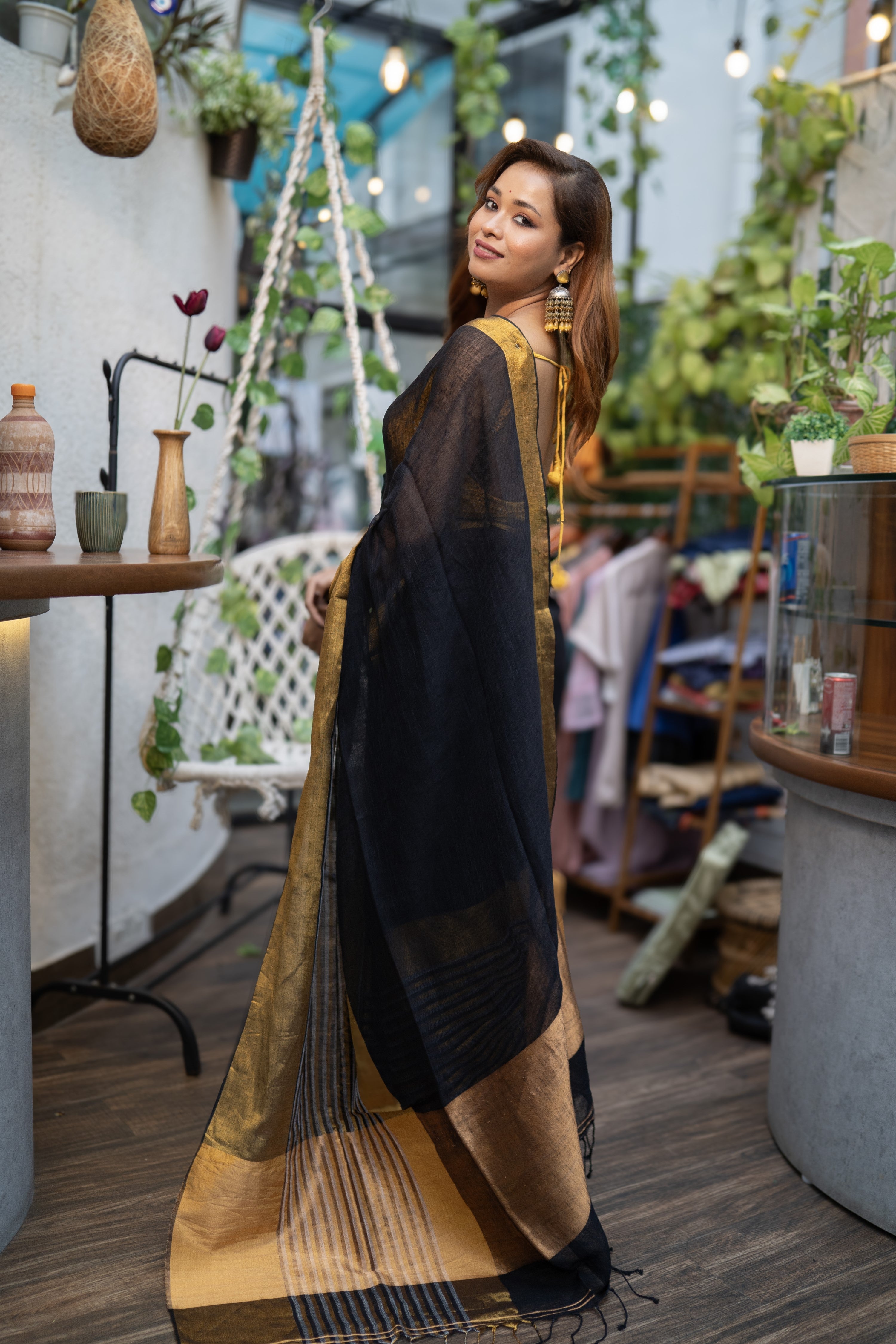 Black half half linen saree