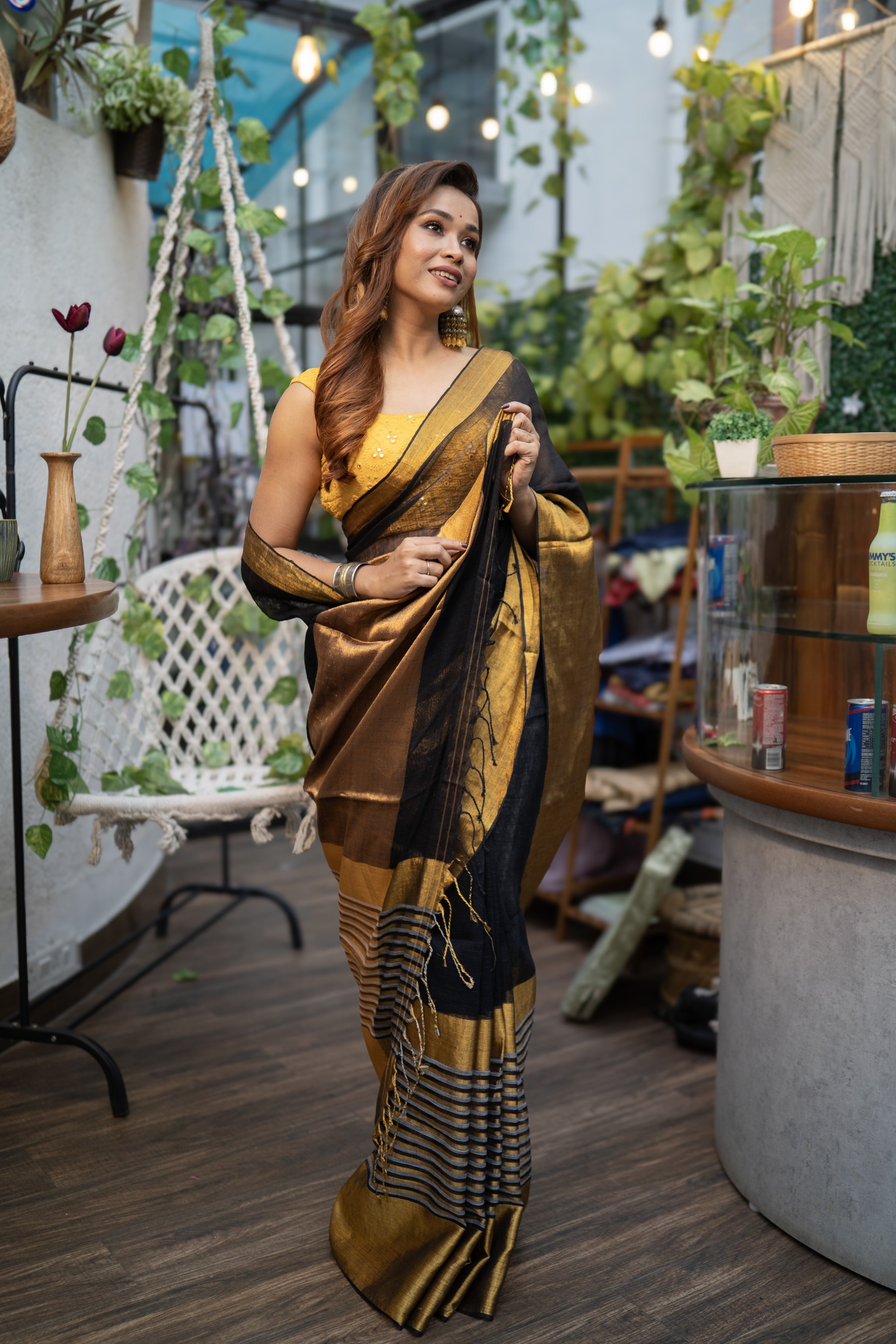 Black half half linen saree