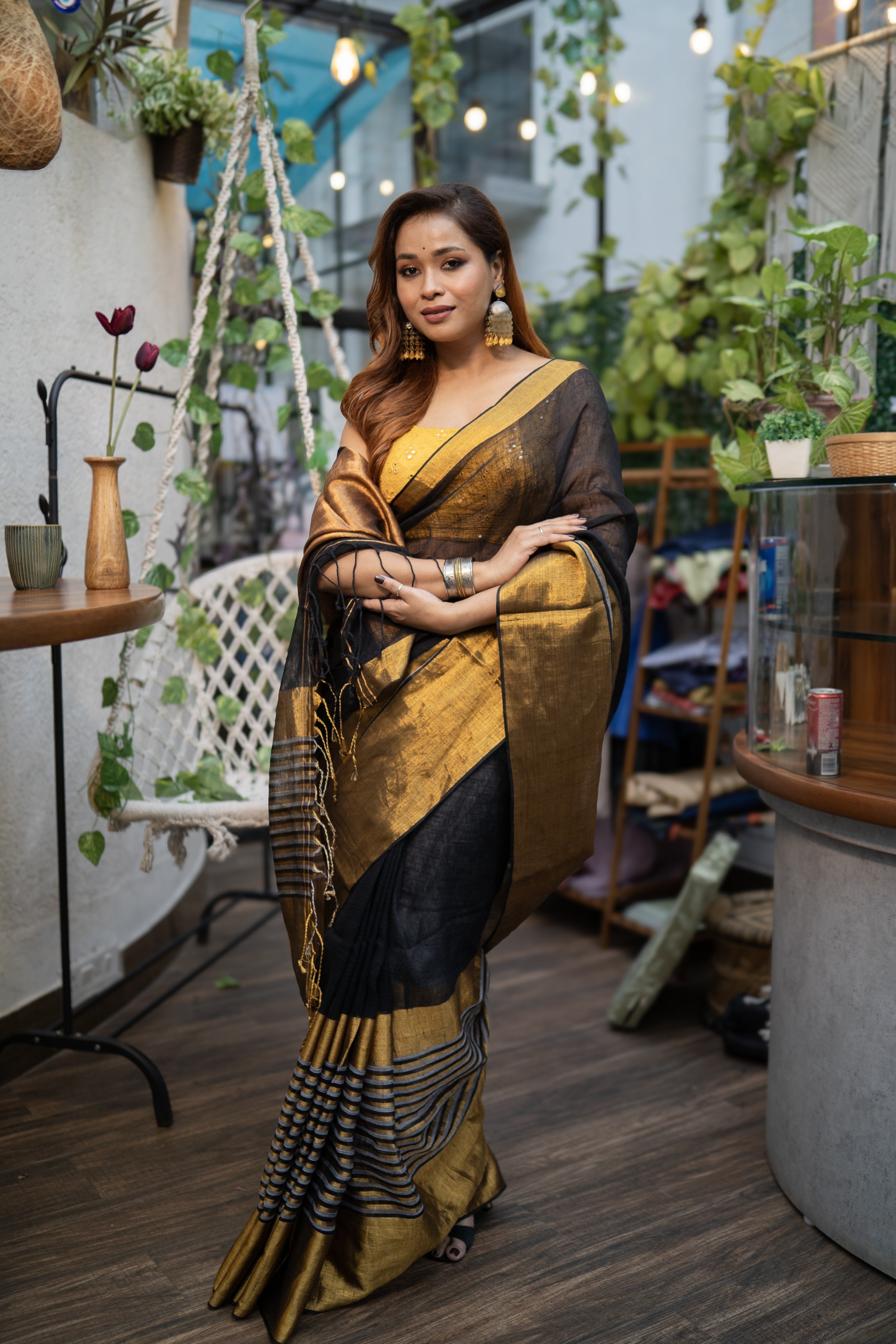 Black half half linen saree