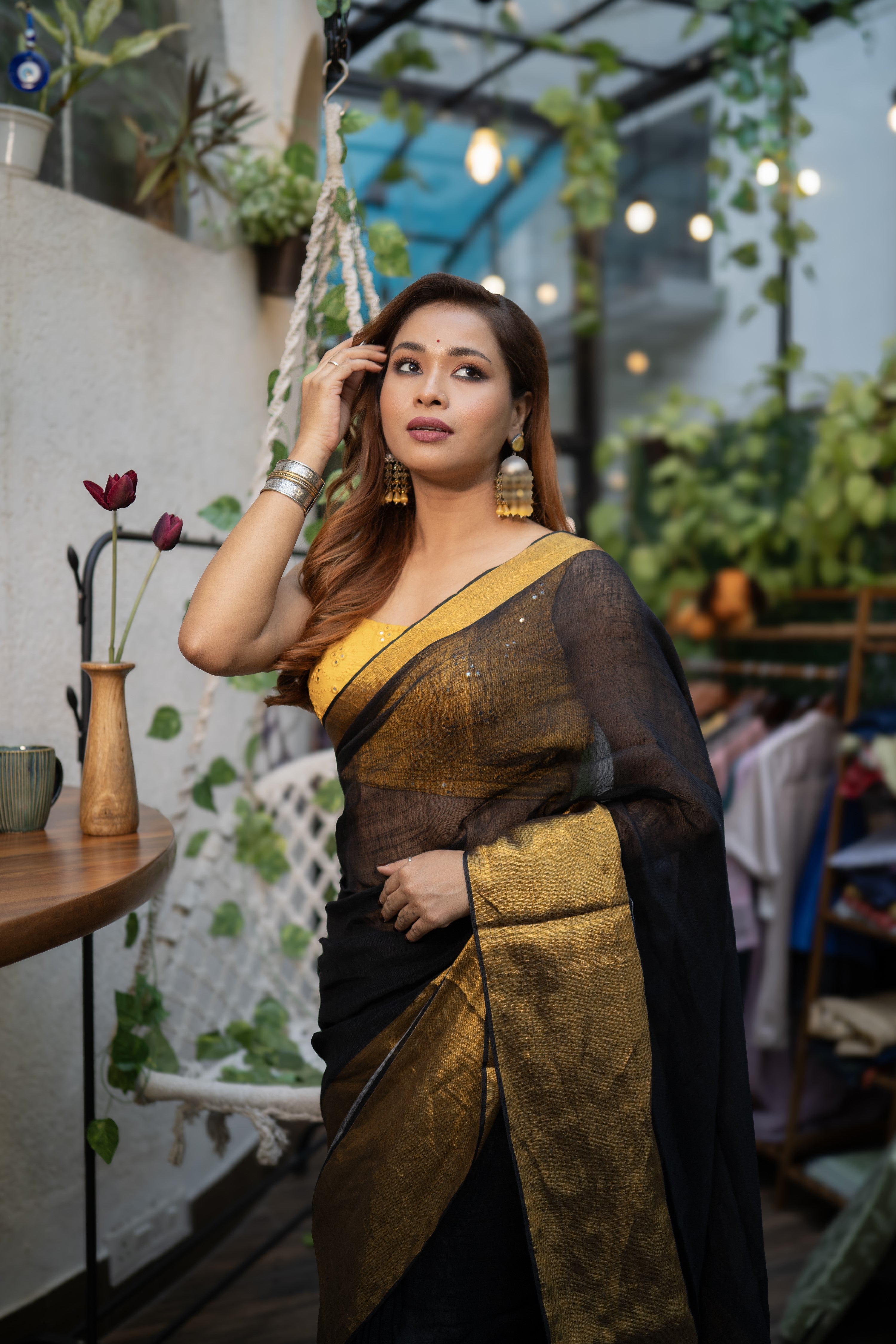 Black half half linen saree