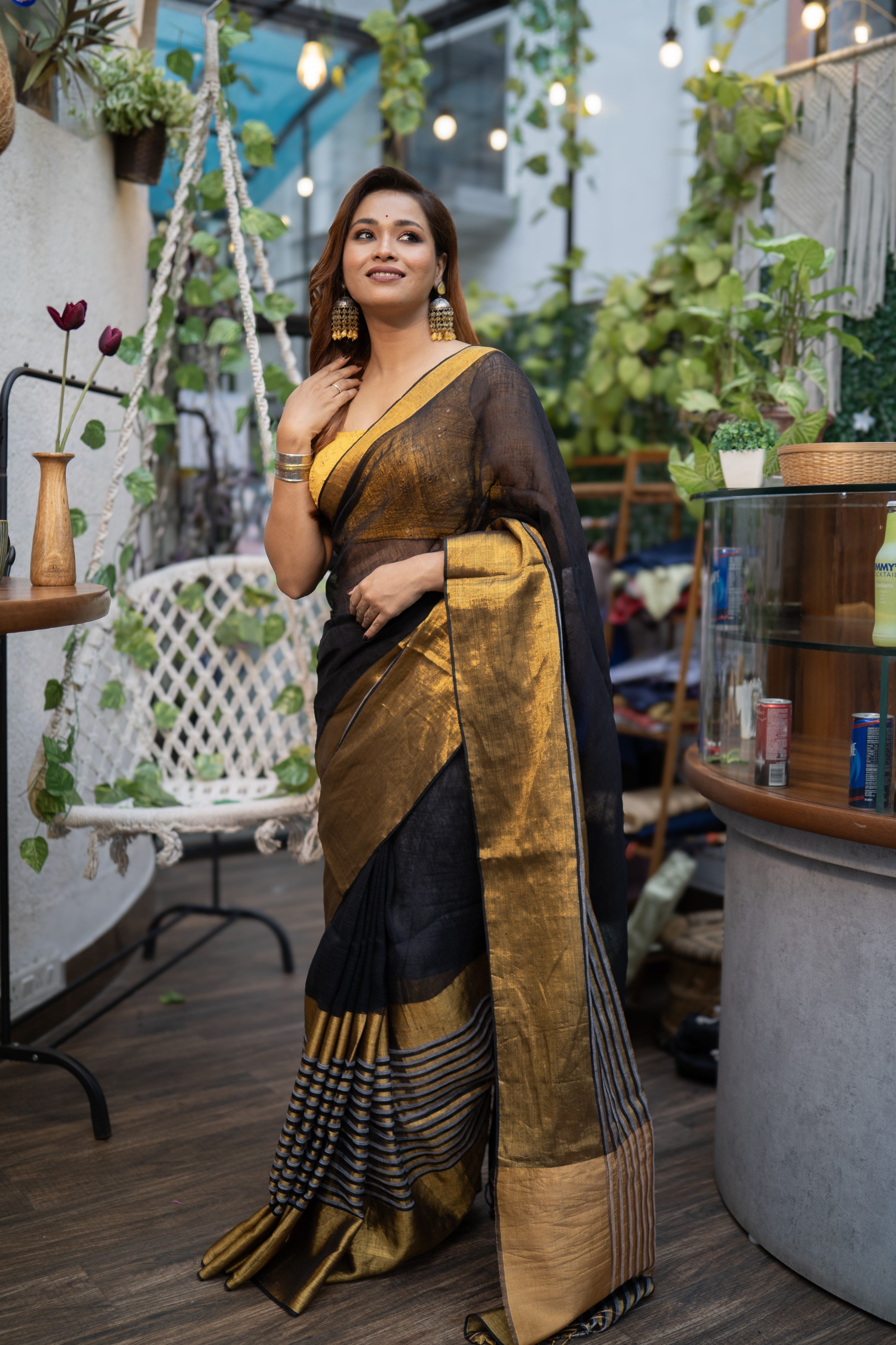 Black half half linen saree