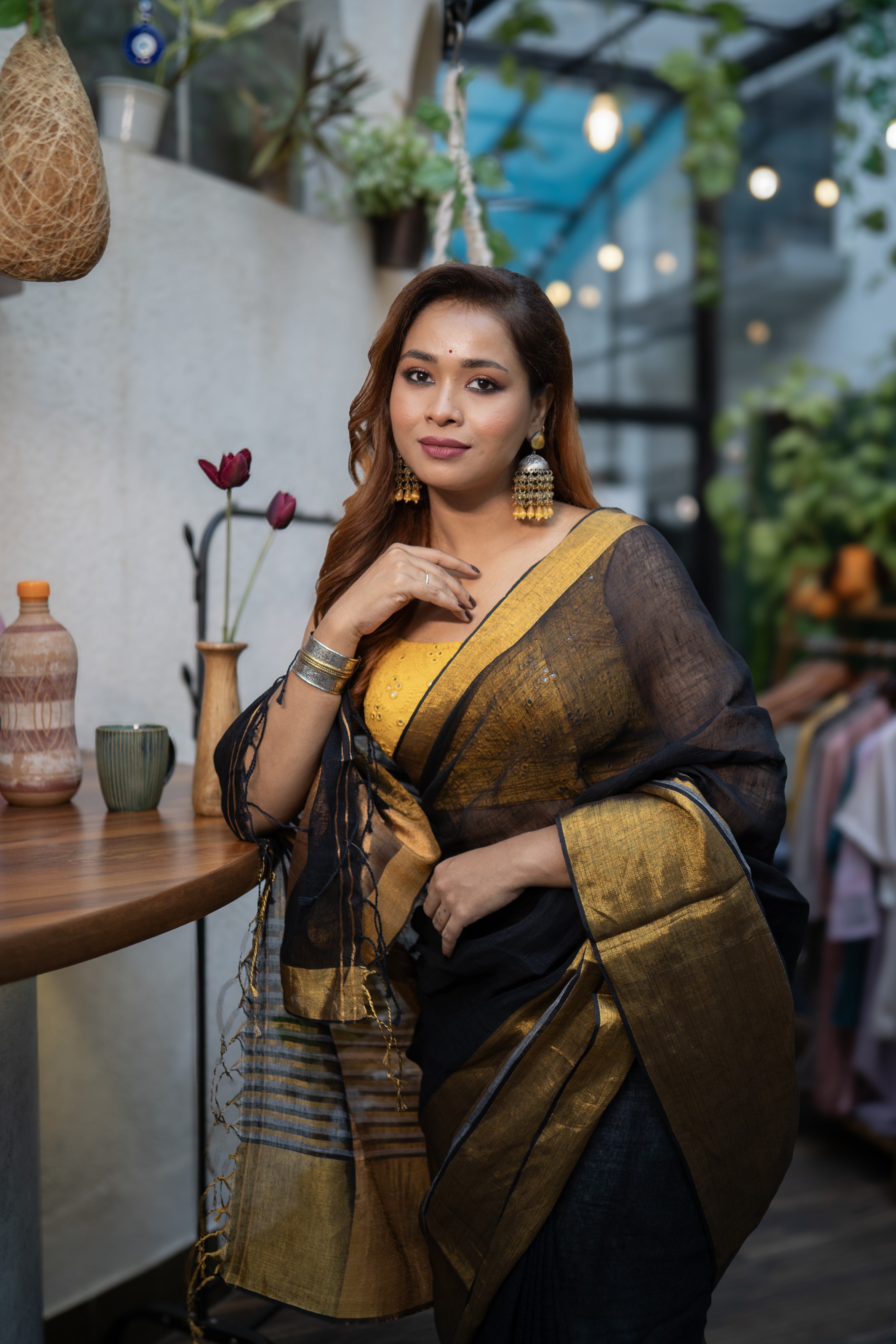 Black half half linen saree