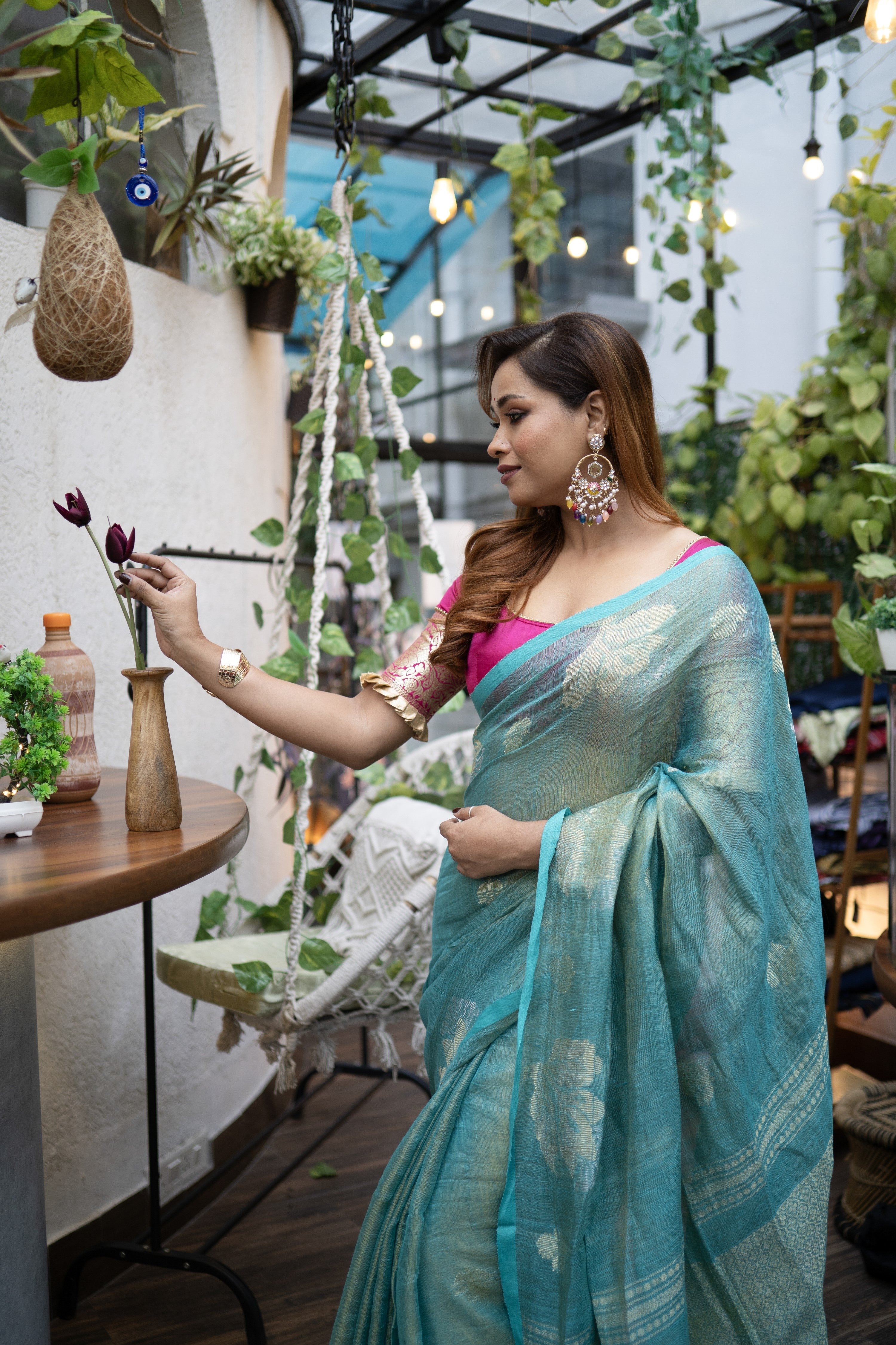 Cadet Blue flowers motive tissue linen saree