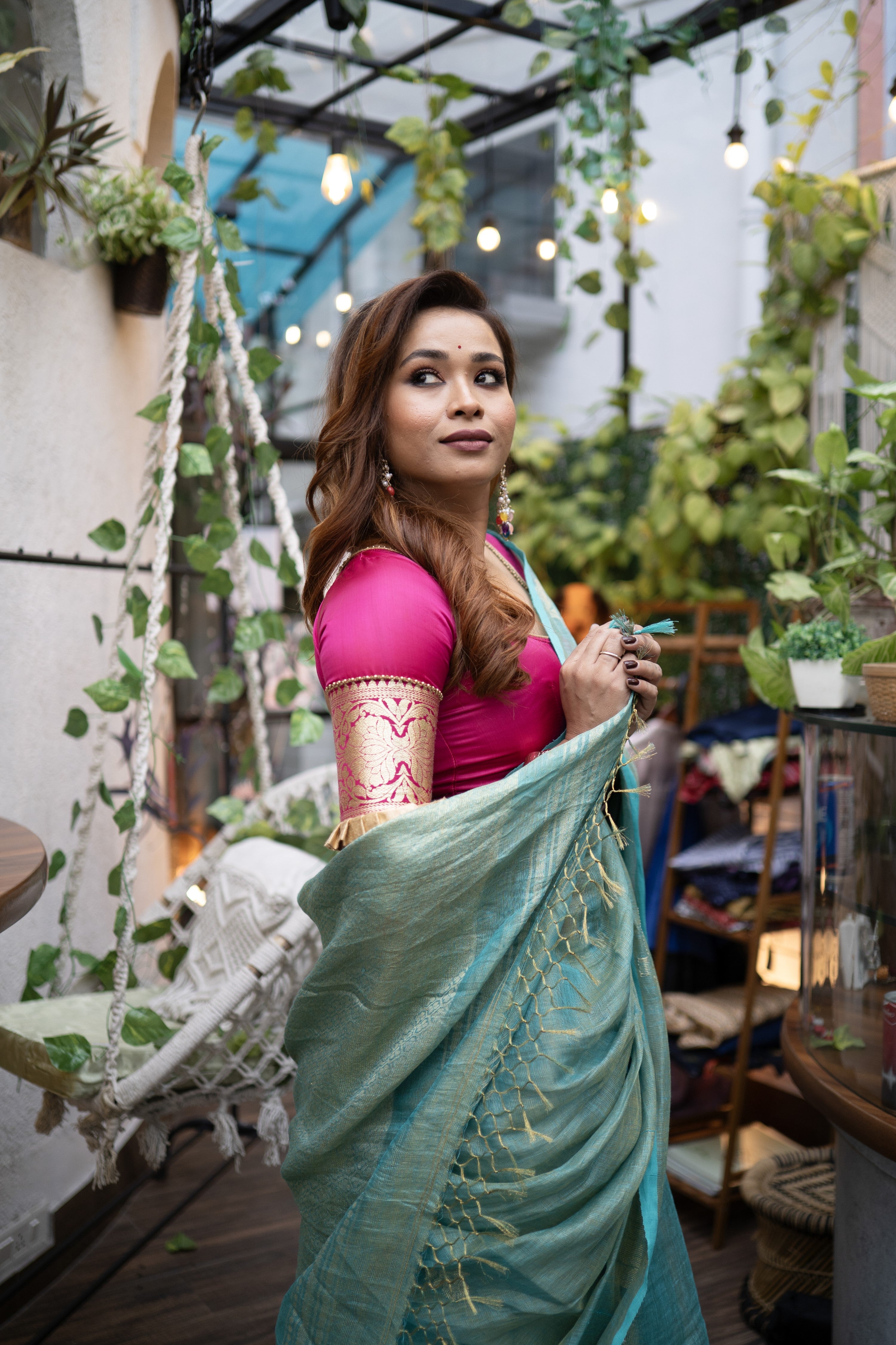 Cadet Blue flowers motive tissue linen saree