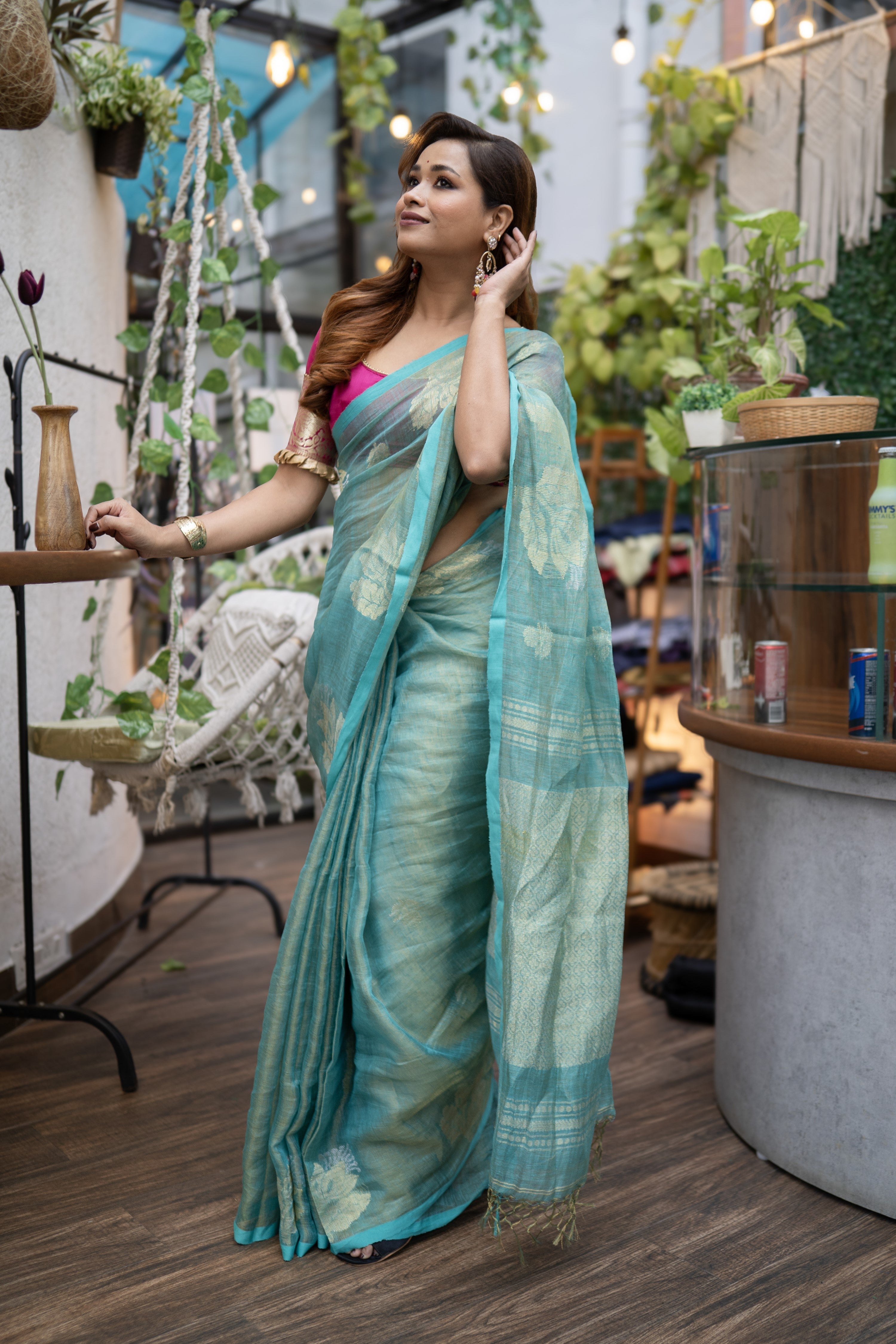 Cadet Blue flowers motive tissue linen saree