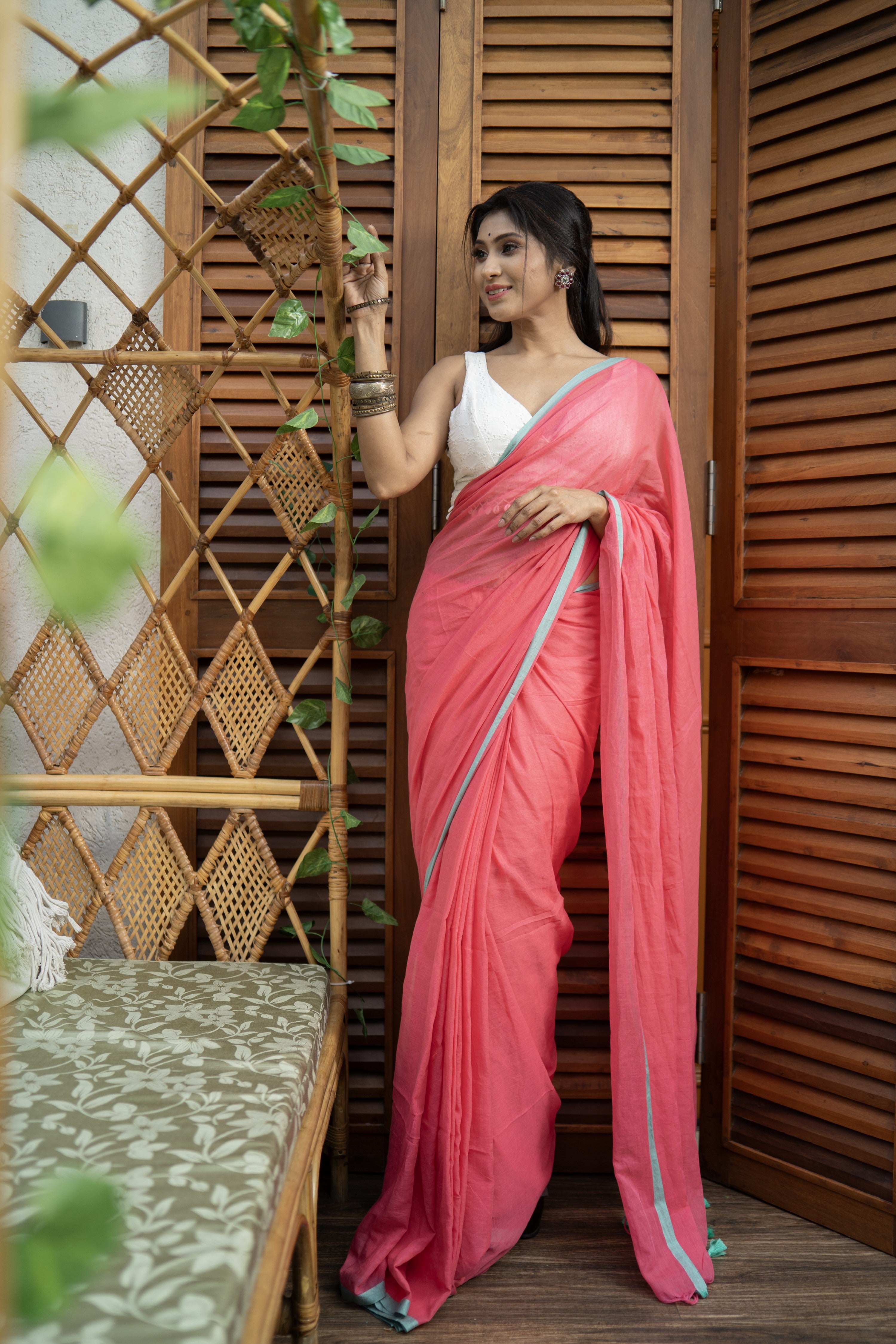 Flomingo Pink Mulmul Cotton Saree with blouse piece