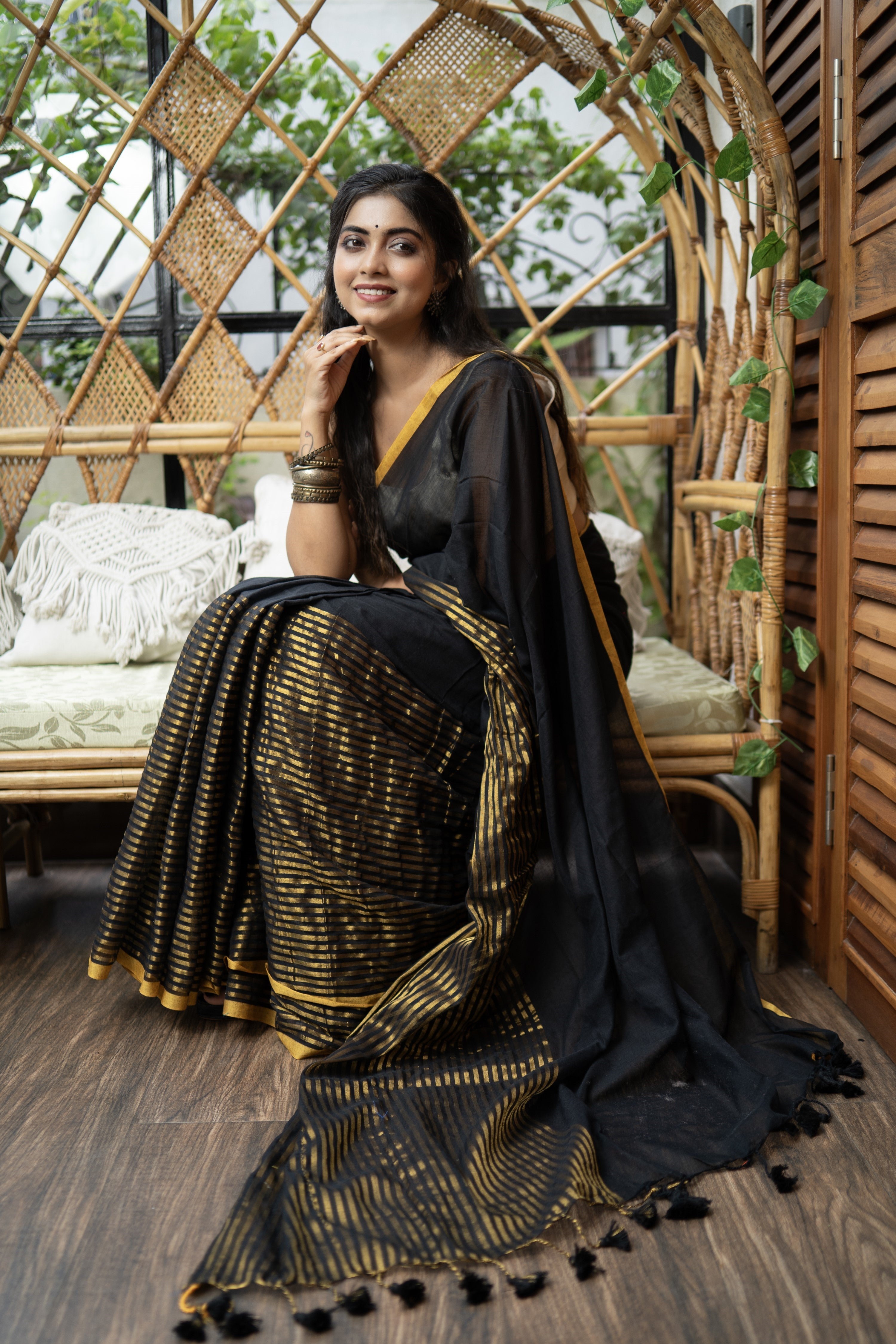 Black & golden half half mulmul cotton saree