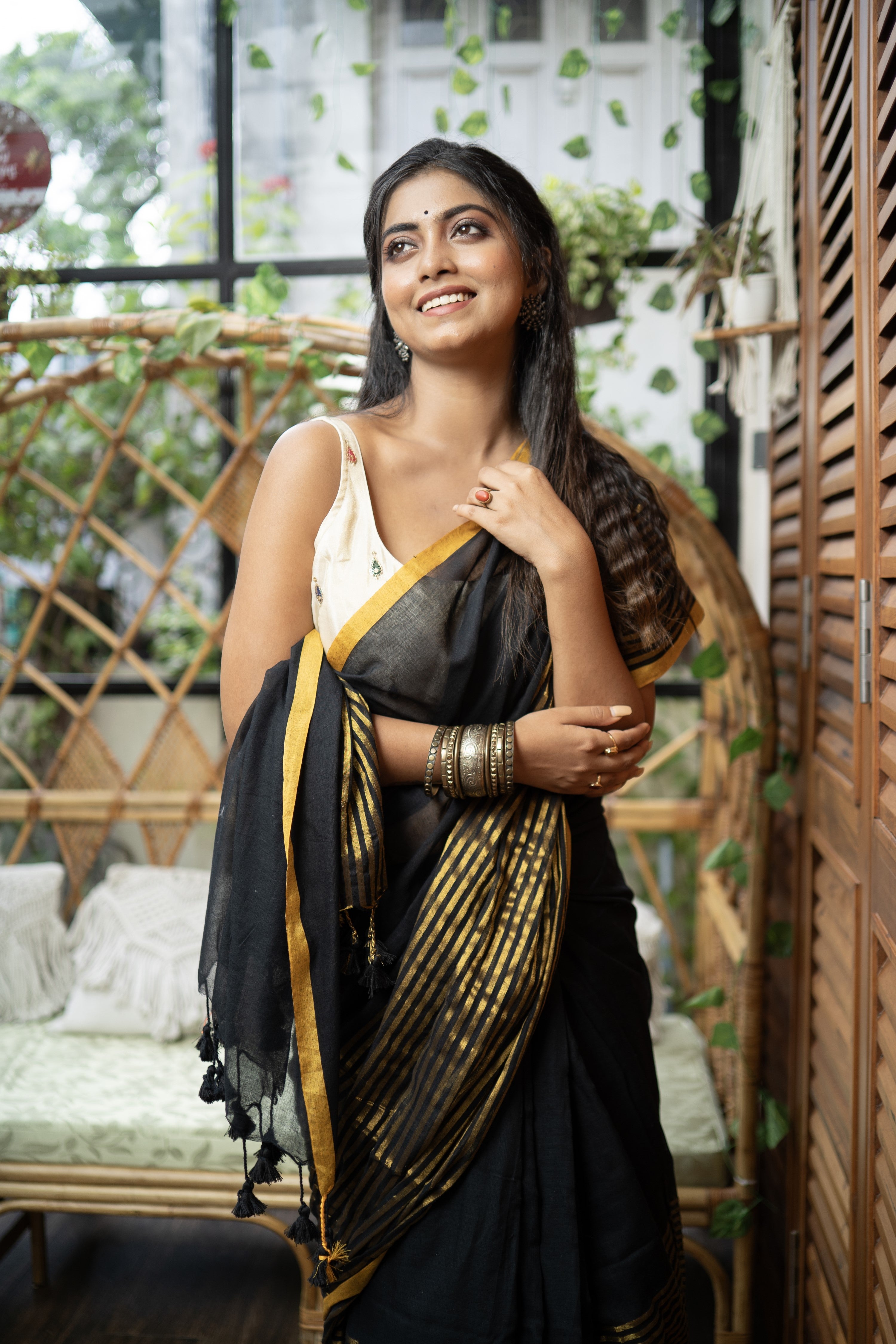 Black & golden half half mulmul cotton saree
