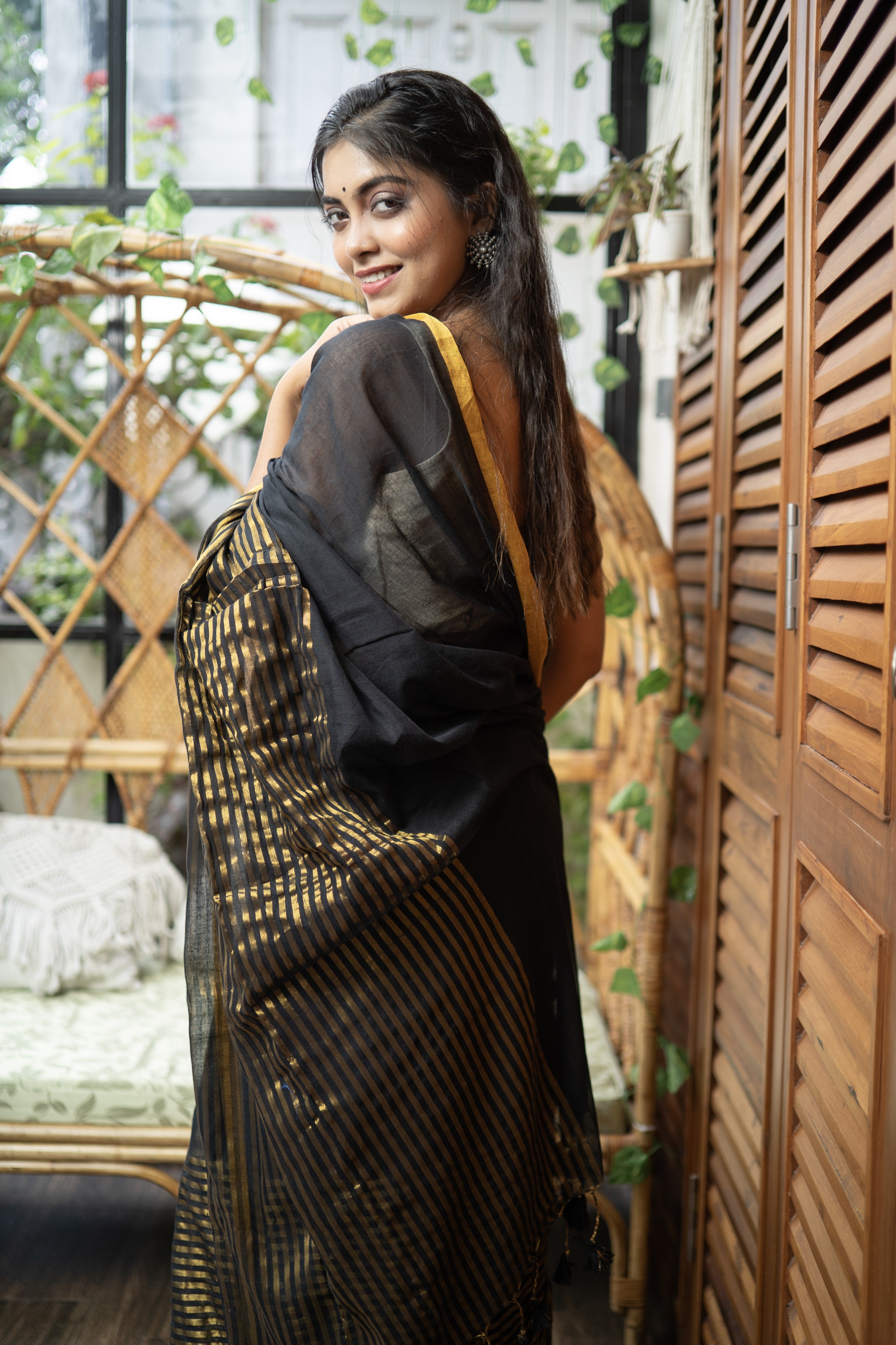 Black & golden half half mulmul cotton saree