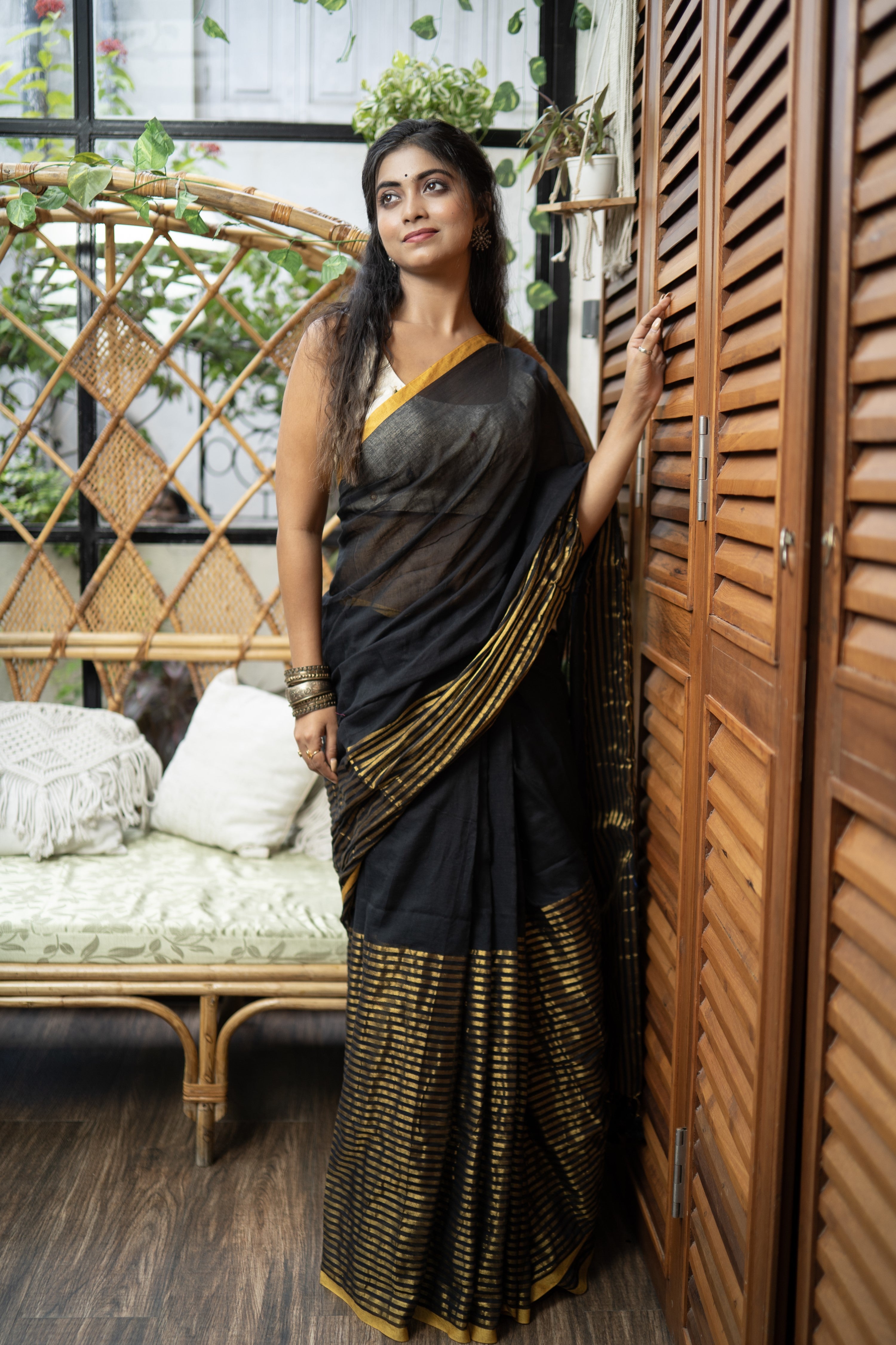 Black & golden half half mulmul cotton saree