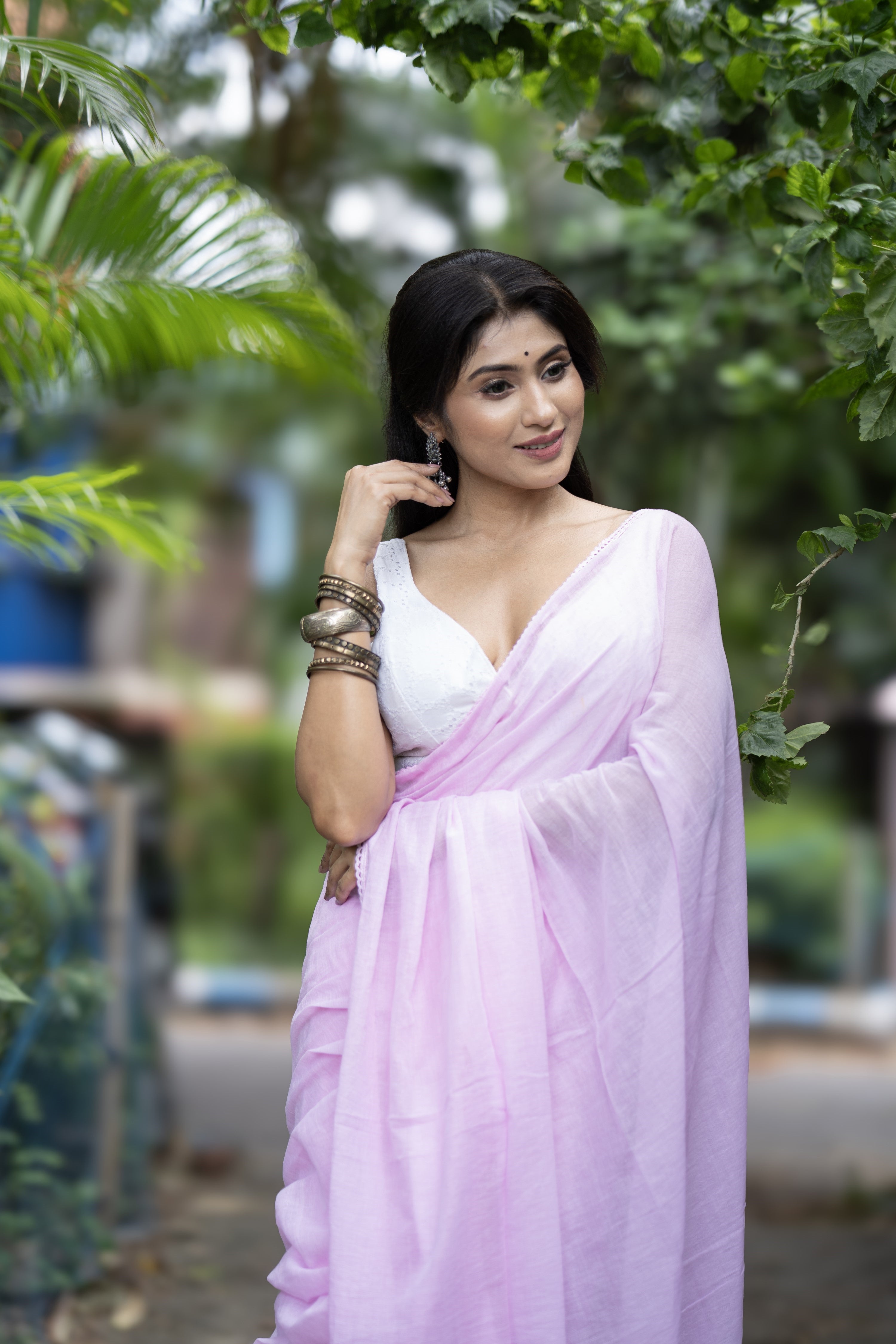 Lavender Rose Mul Cotton Saree with Embroidered Lace