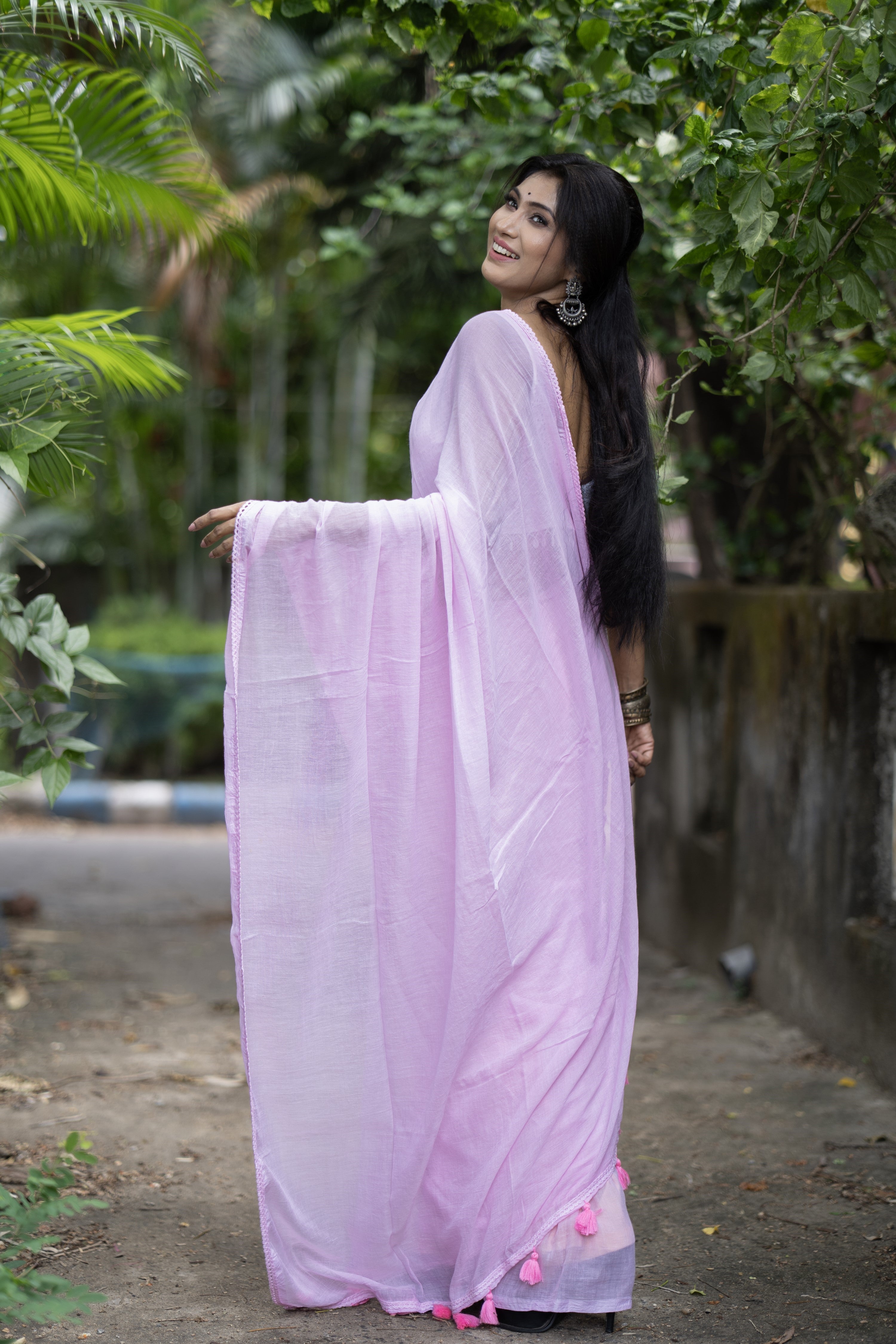 Lavender Rose Mul Cotton Saree with Embroidered Lace