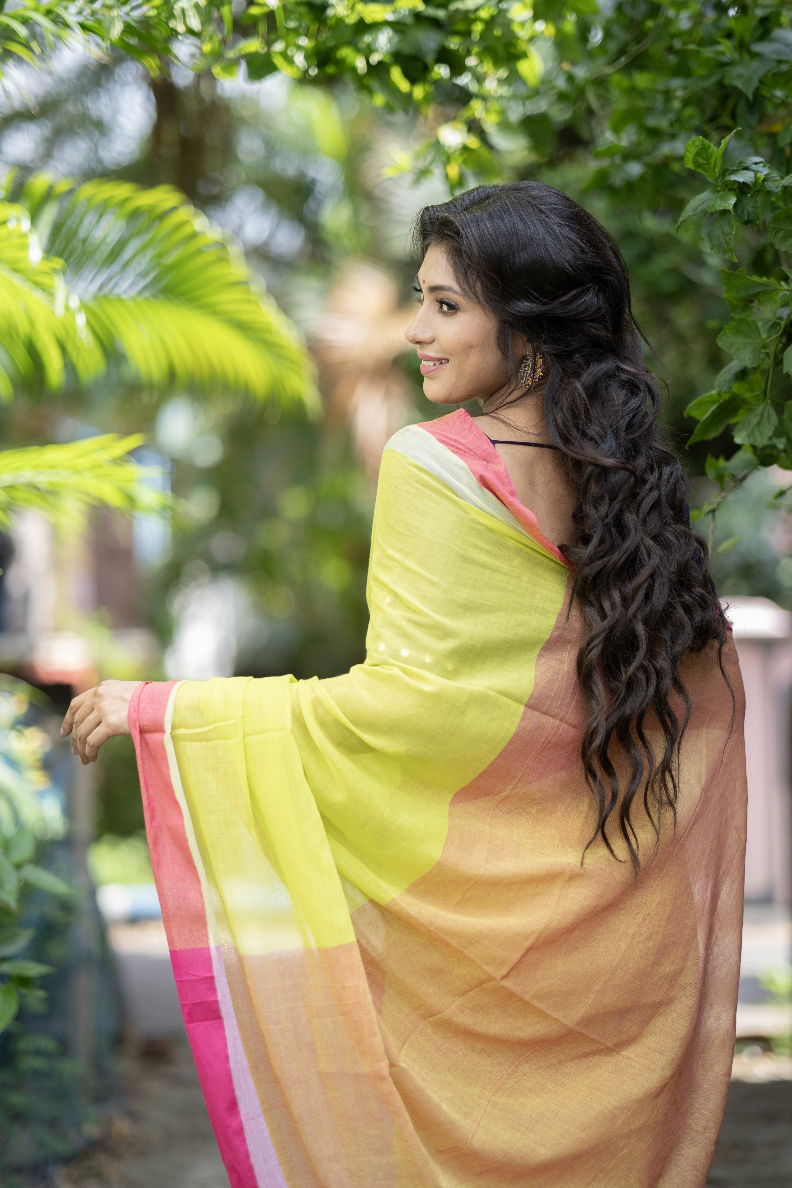 Light green & Rani mulmul cotton saree