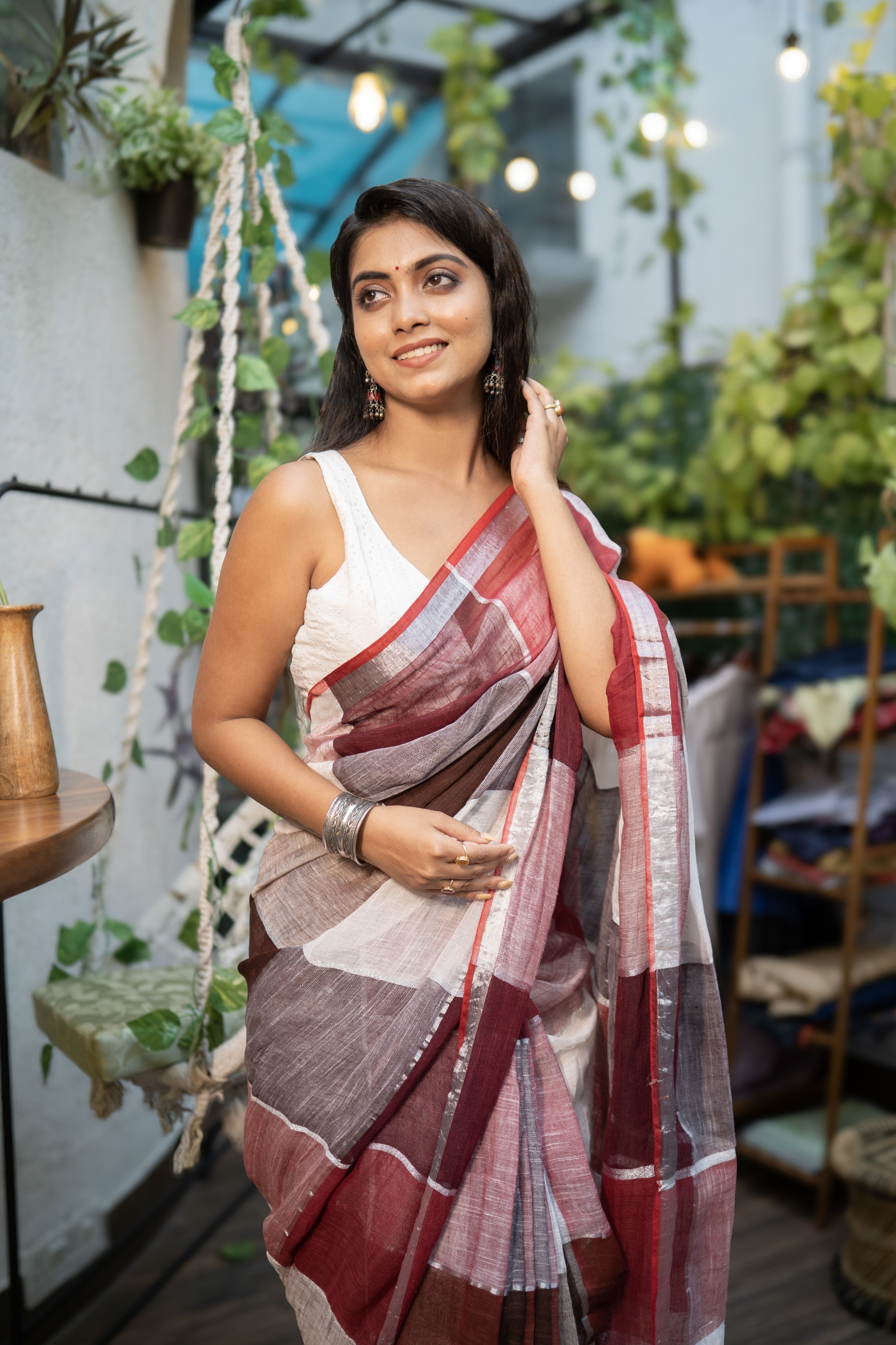 Maroon & red zari check linen saree