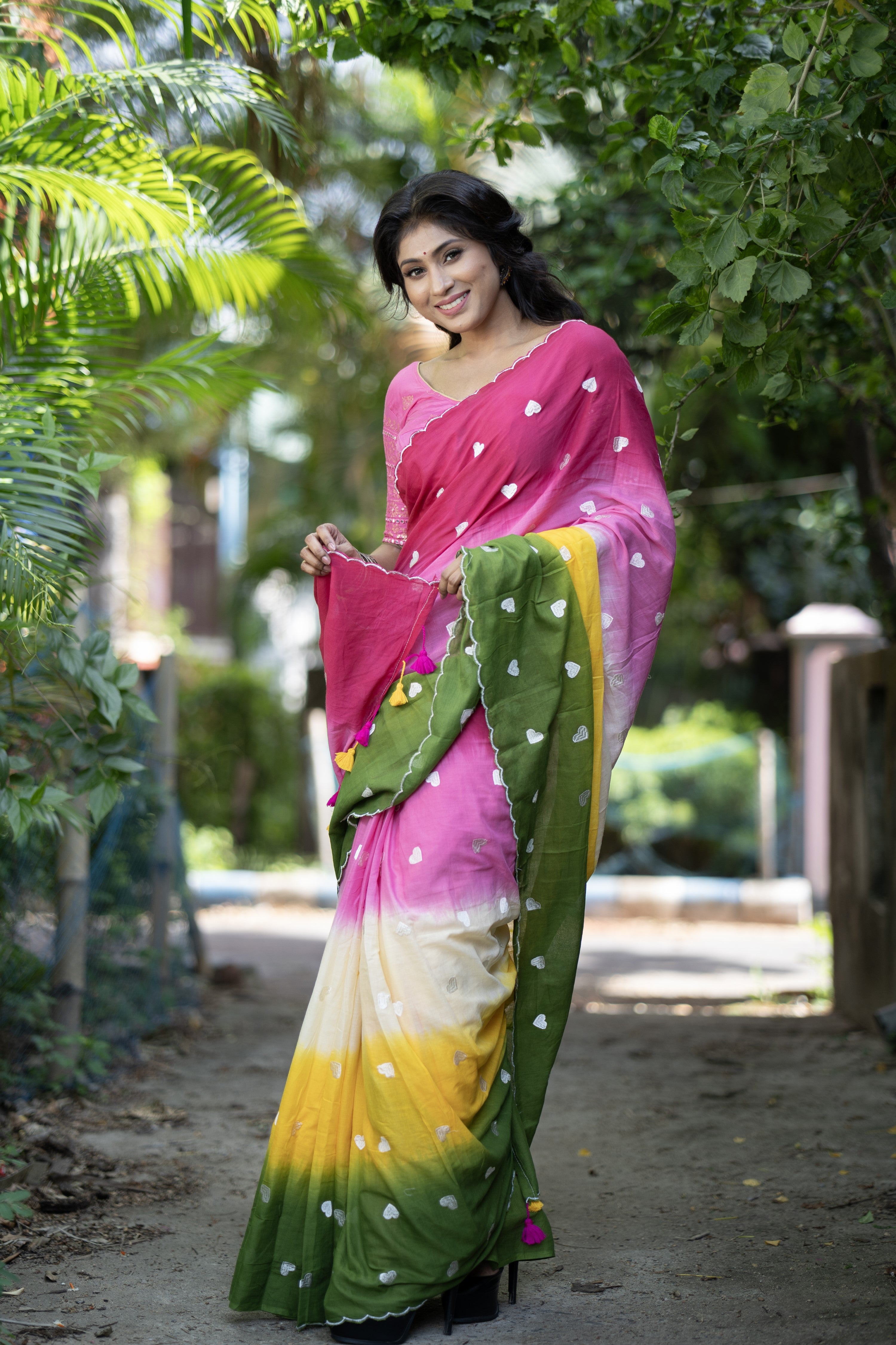 Multicolor Love Embroidery Mul Mul Cotton Saree with blouse piece