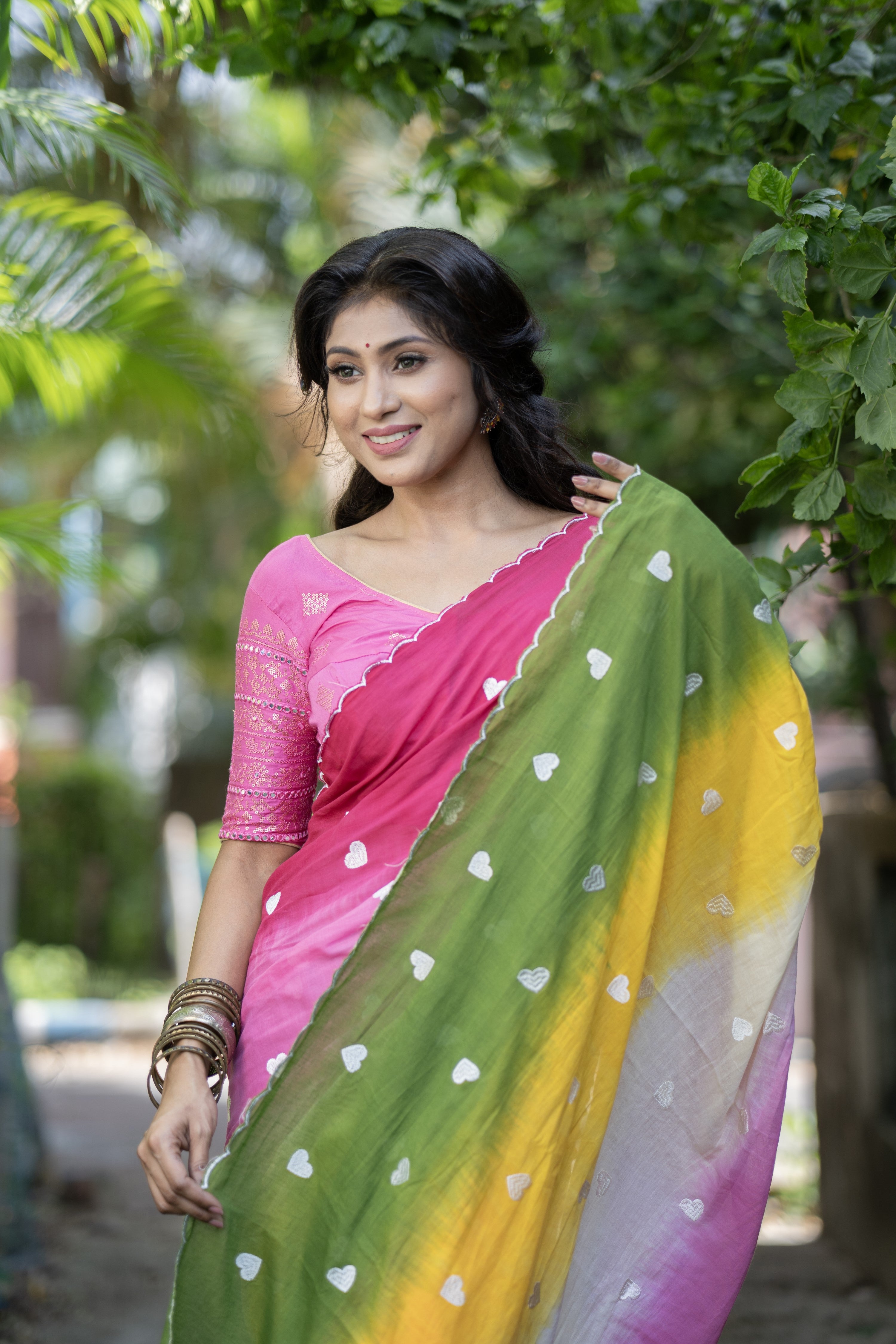 Multicolor Love Embroidery Mul Mul Cotton Saree with blouse piece