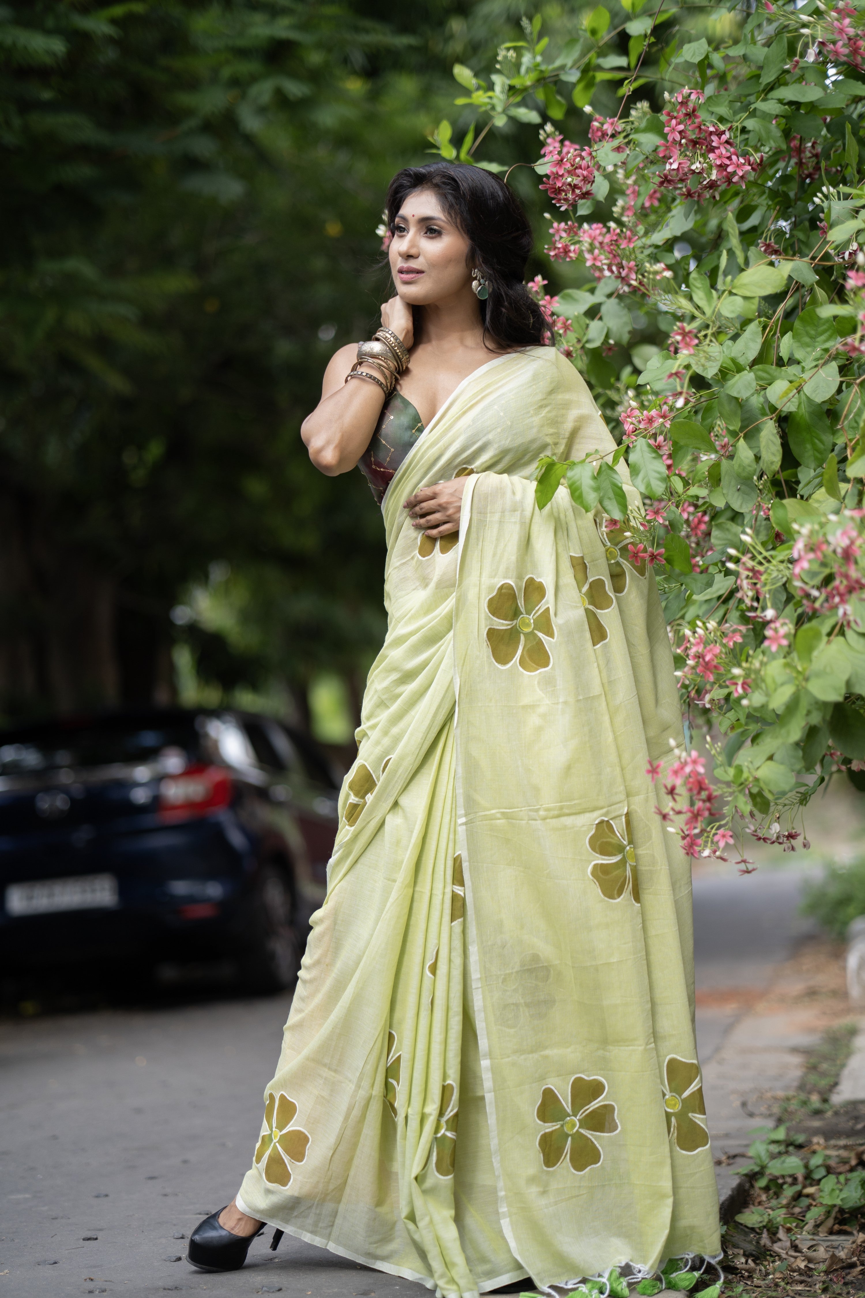 Pastel green Hand-Printed Floral Mulmul Cotton Saree