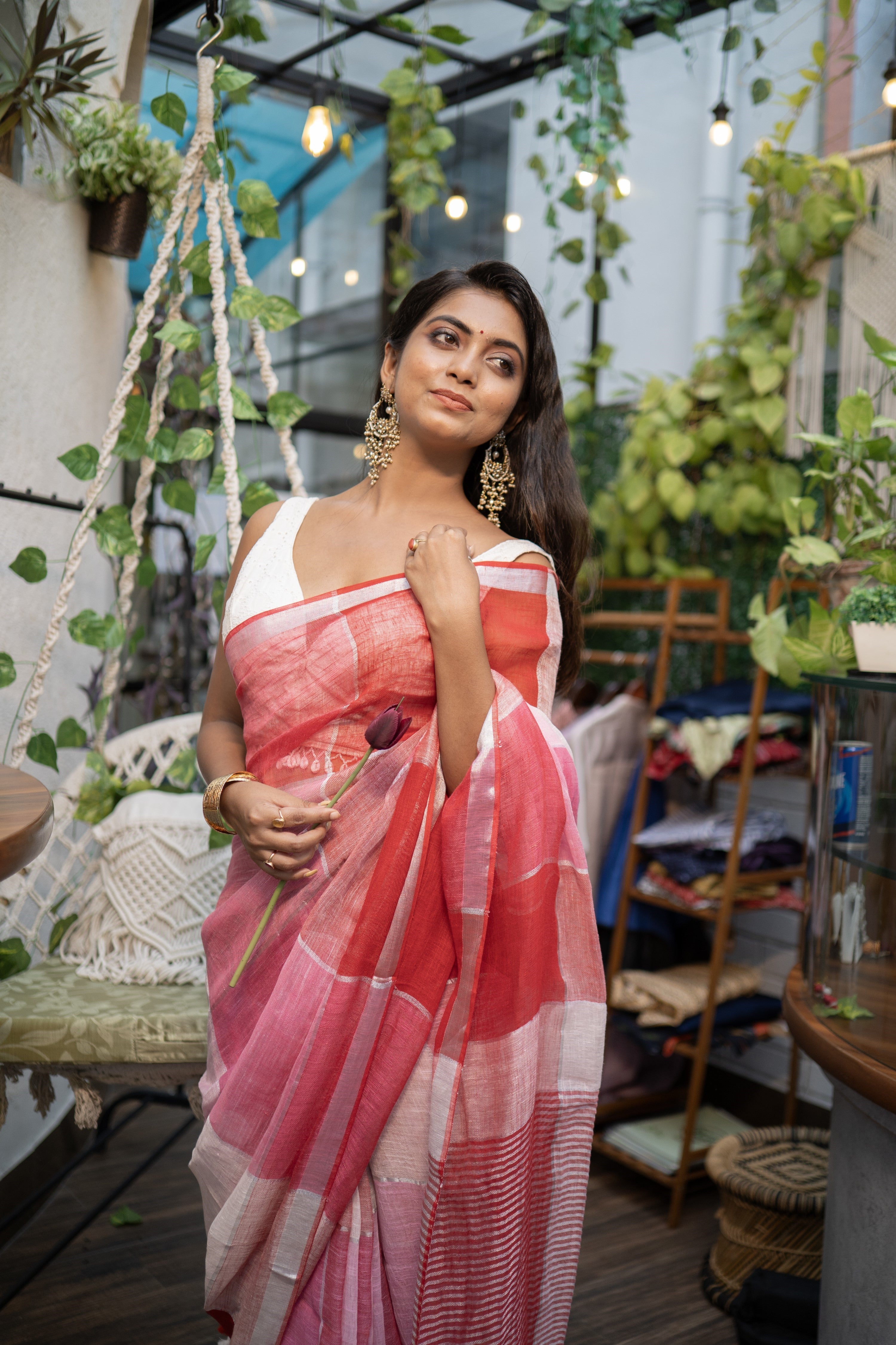 Pink & Red zari check linen saree