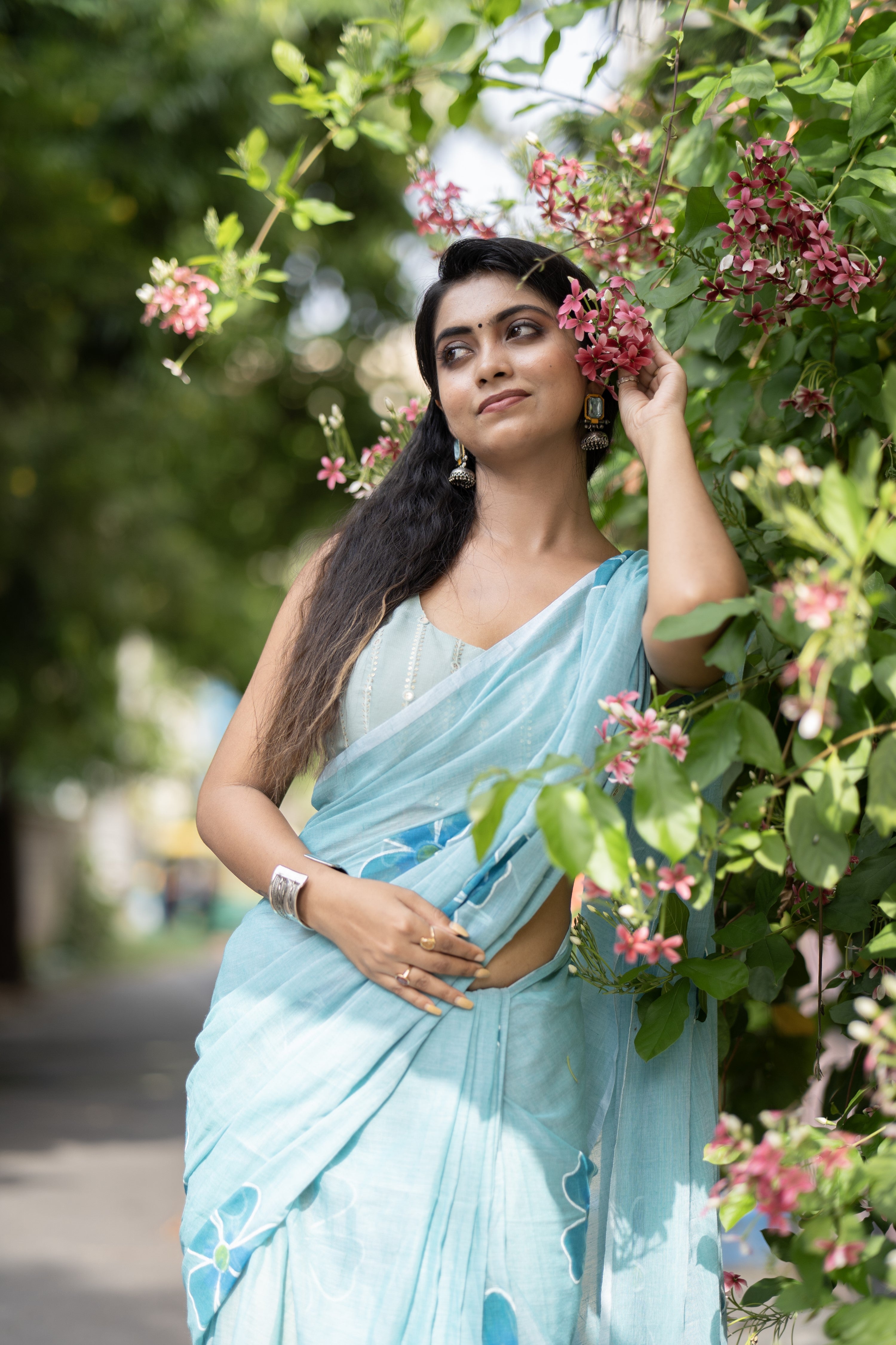 Sky blue Hand-Printed Floral Mulmul Cotton Saree