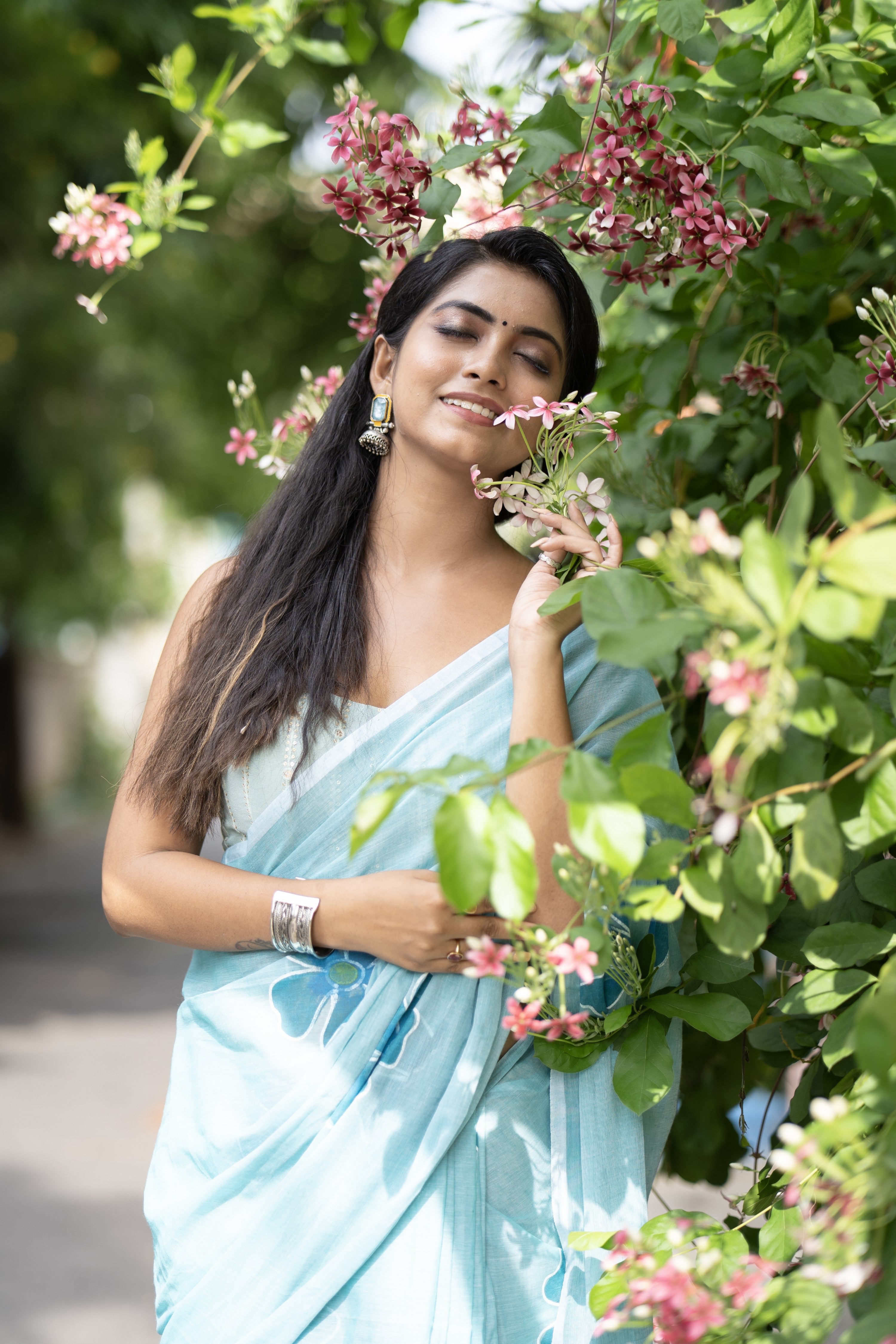 Sky blue Hand-Printed Floral Mulmul Cotton Saree