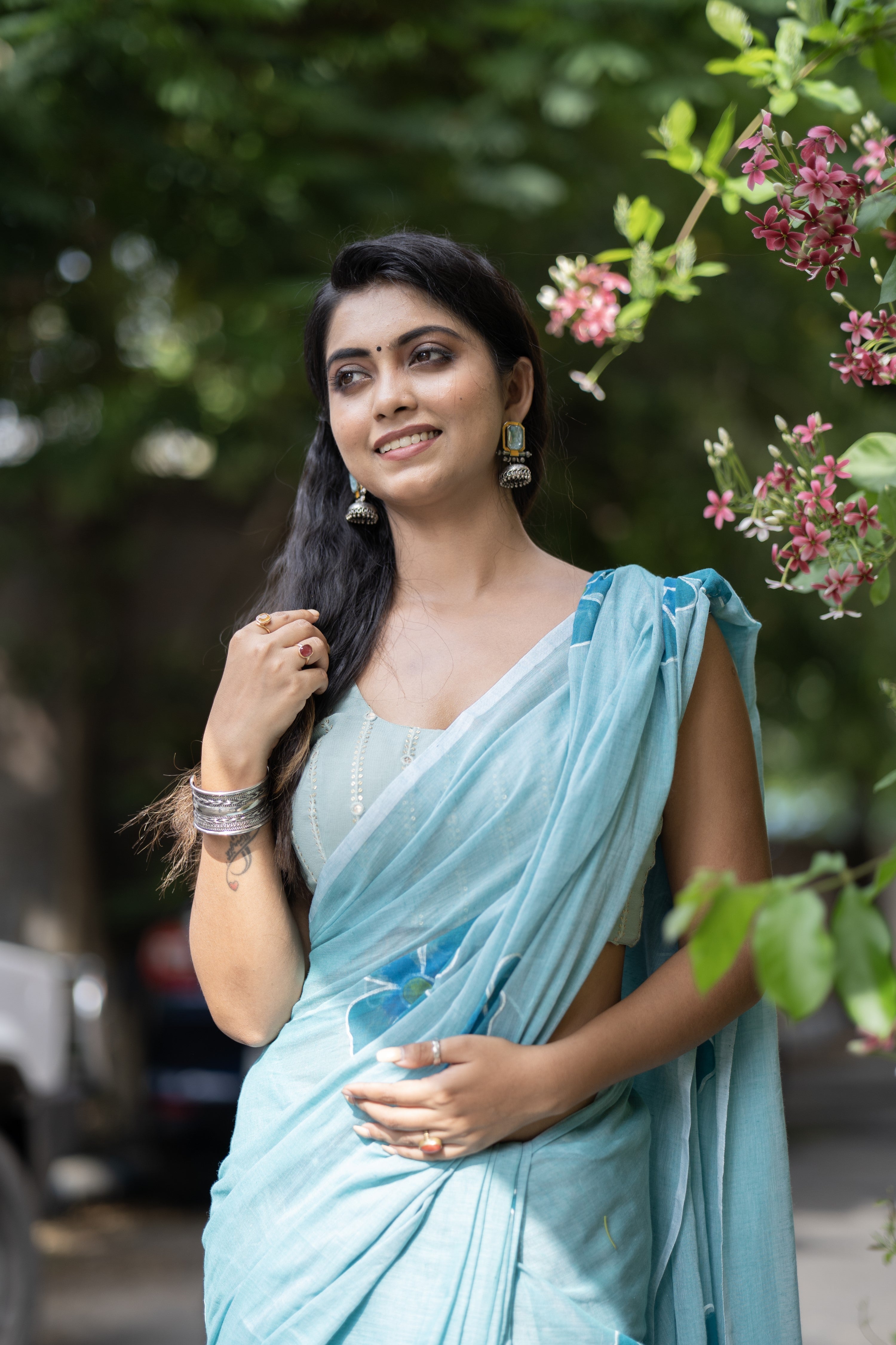 Sky blue Hand-Printed Floral Mulmul Cotton Saree