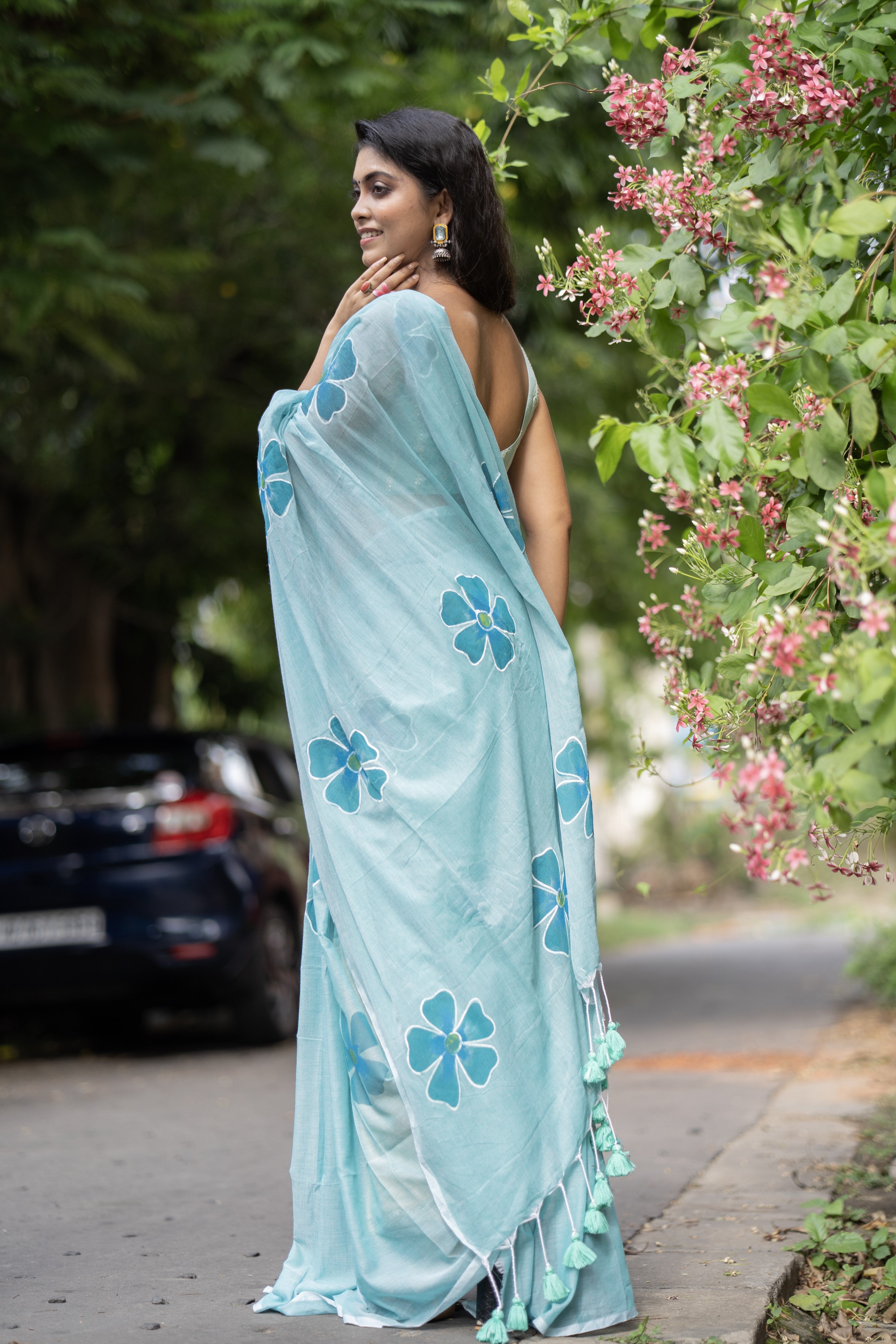 Sky blue Hand-Printed Floral Mulmul Cotton Saree