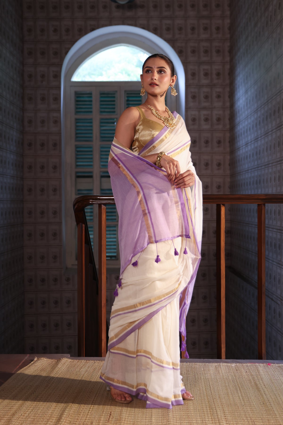 Off White Mul Mul Cotton Saree With purple & golden Border